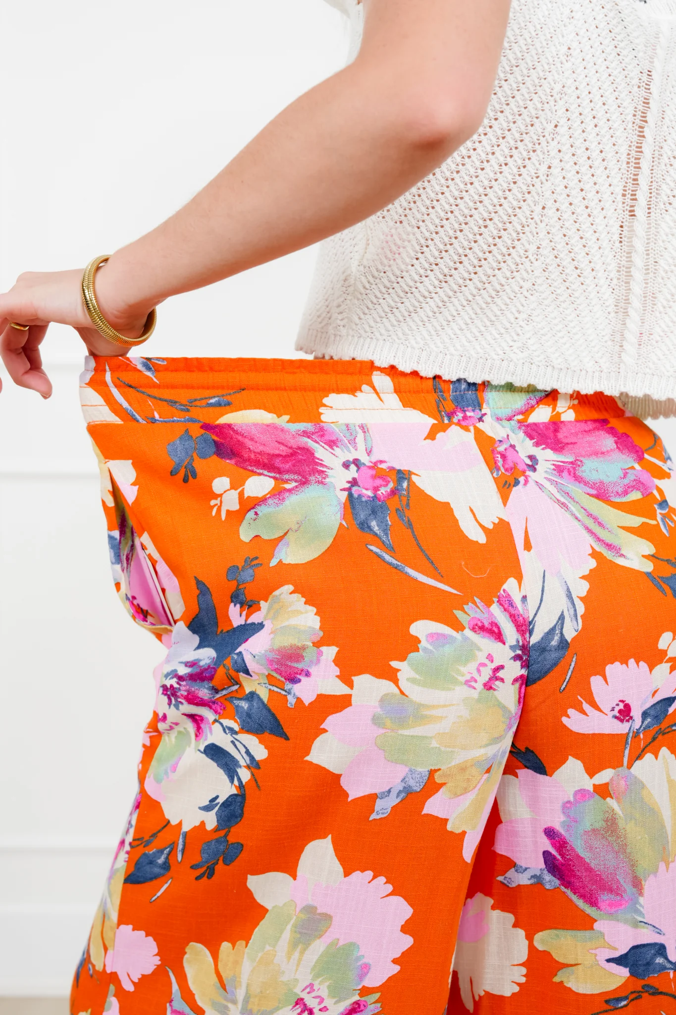 Linen Blend Floral Elastic Waist Wide Leg Pants - Image 5