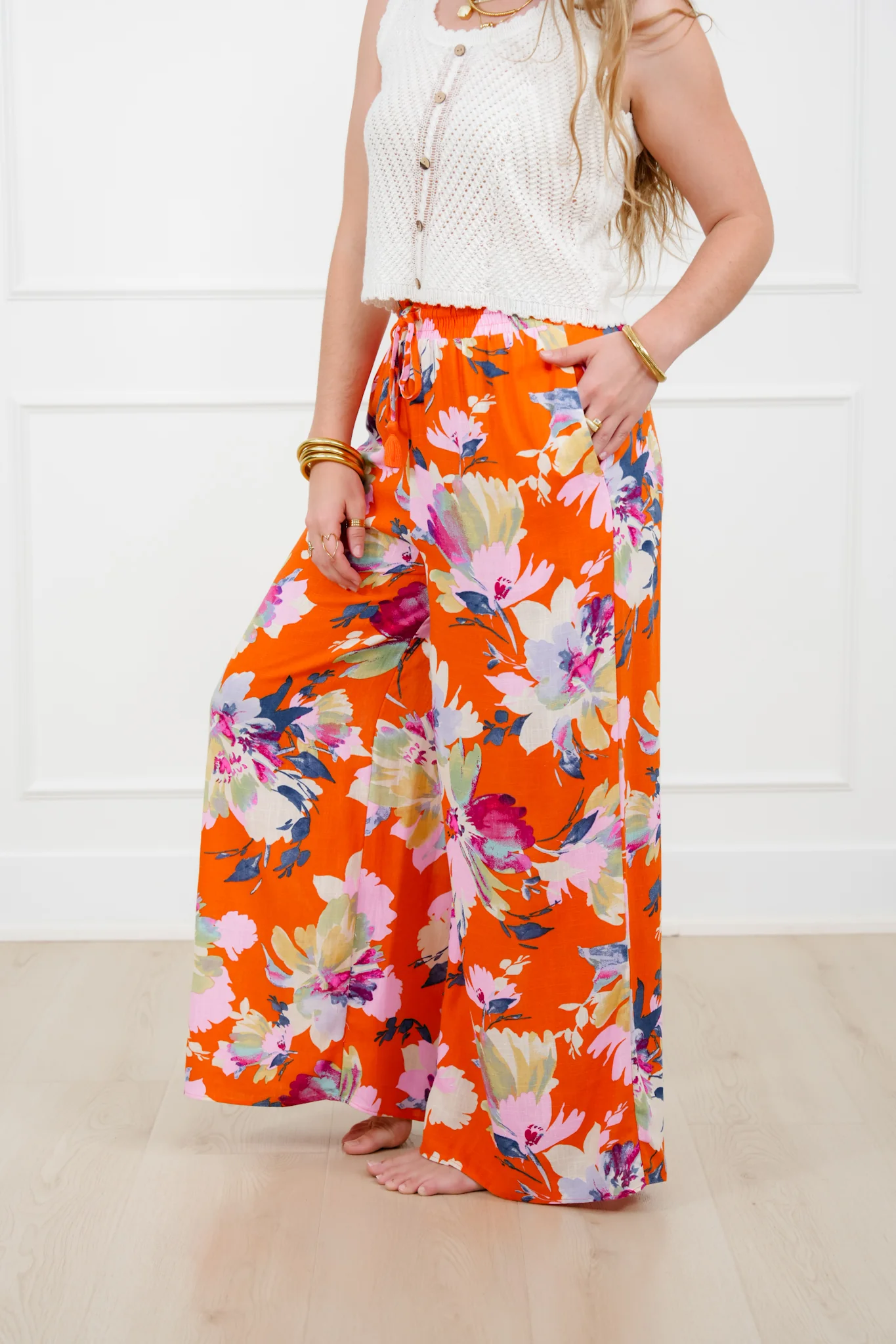 Linen Blend Floral Elastic Waist Wide Leg Pants - Image 6