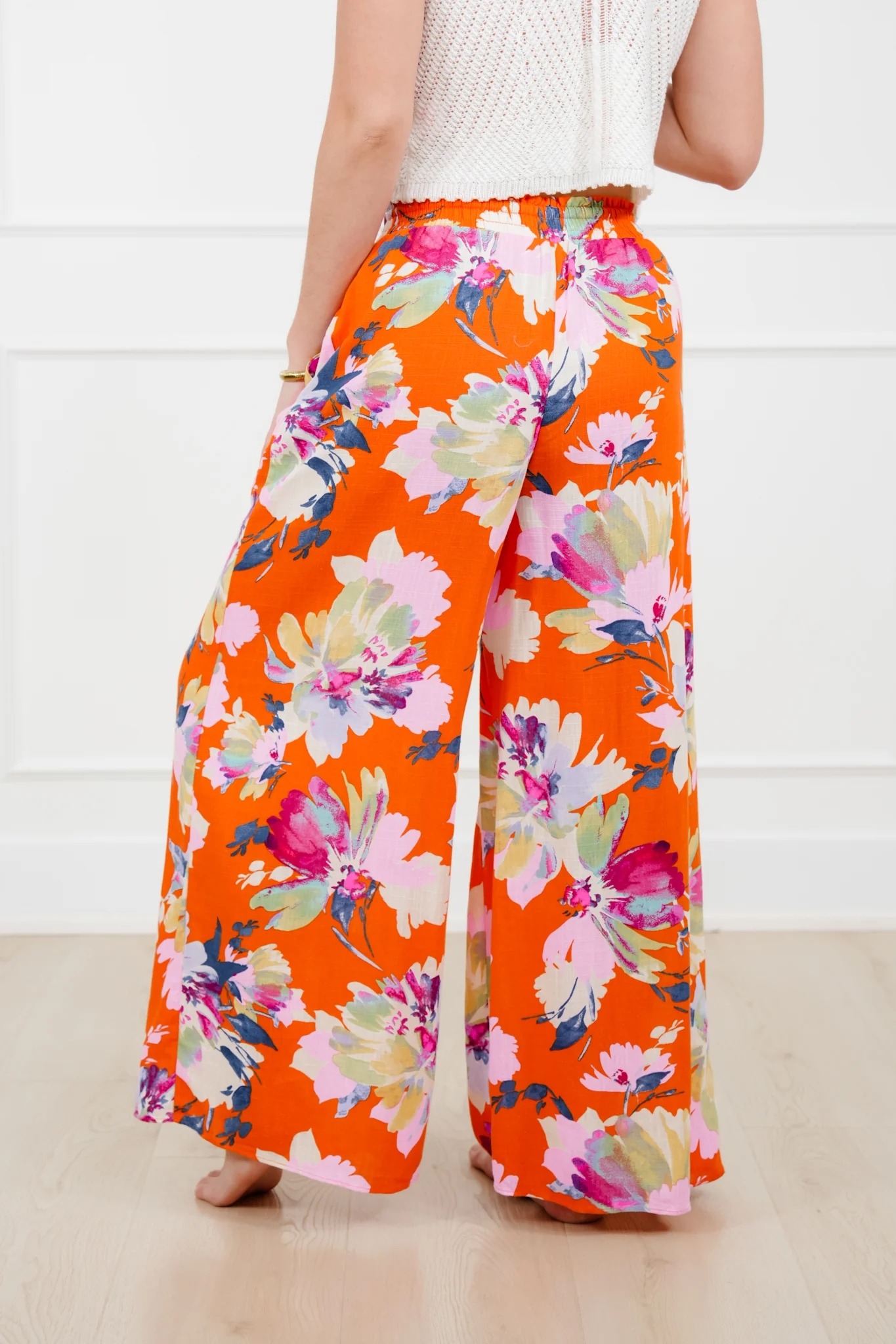 Linen Blend Floral Elastic Waist Wide Leg Pants - Image 7