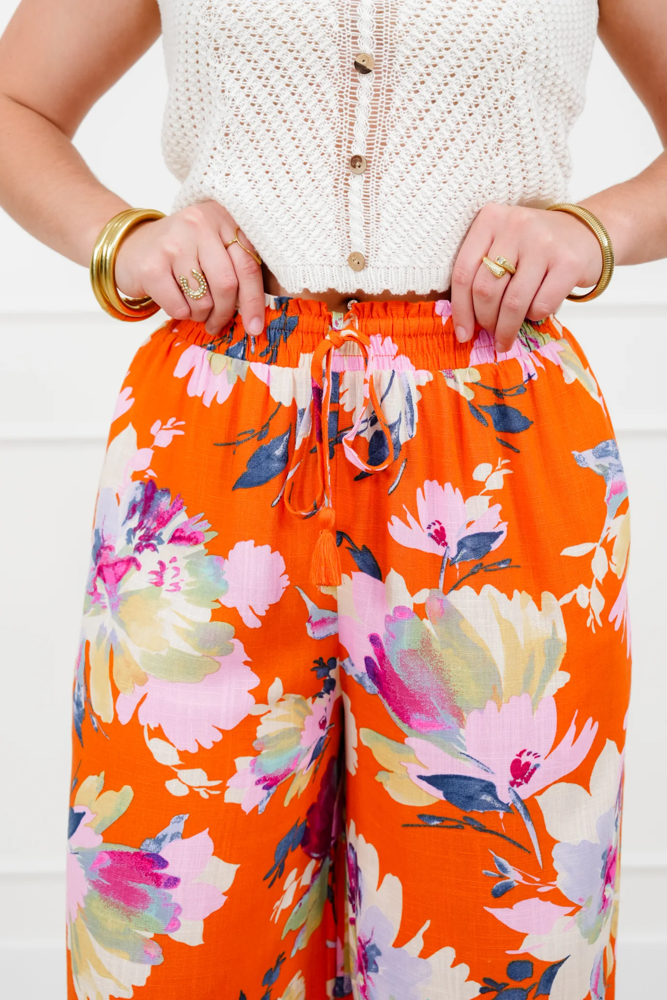 Linen Blend Floral Elastic Waist Wide Leg Pants - Image 8