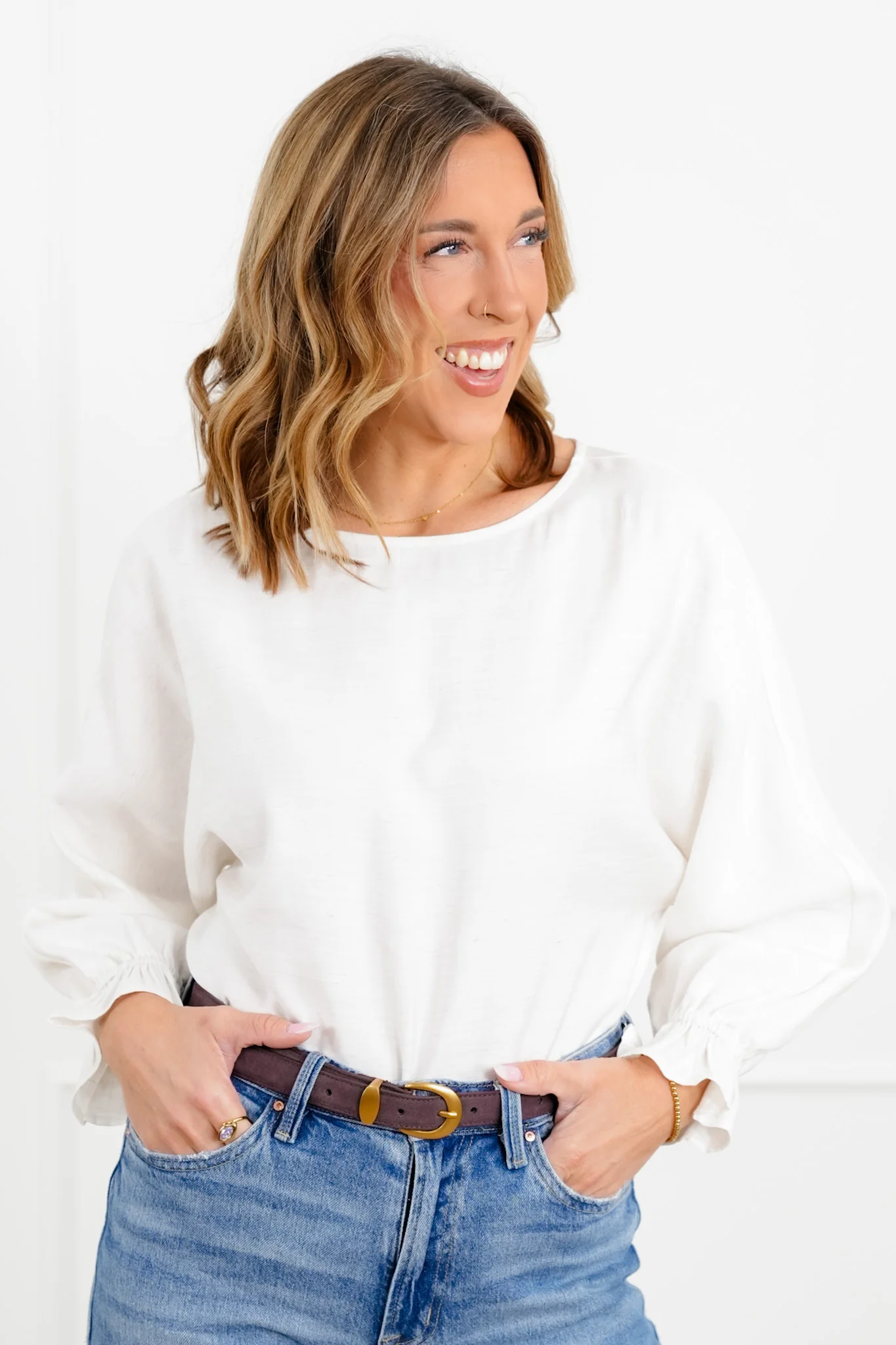 Linen Blend Long Cuffed Sleeve Top - Image 3