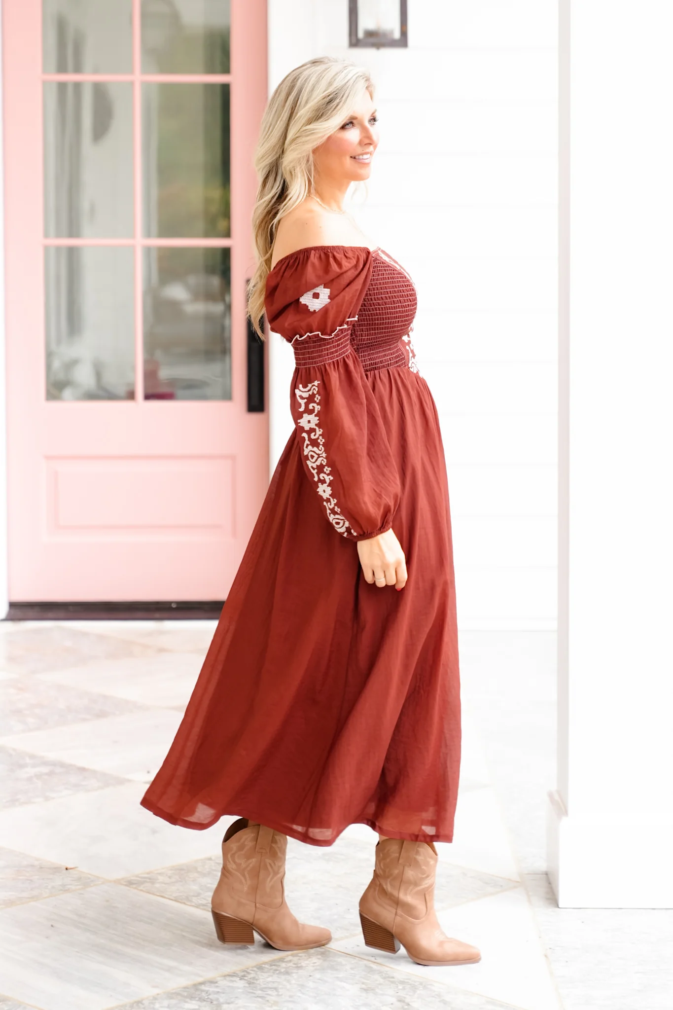 Long Puff Sleeve Square Neck Maxi Dress with Embroidered - Image 3