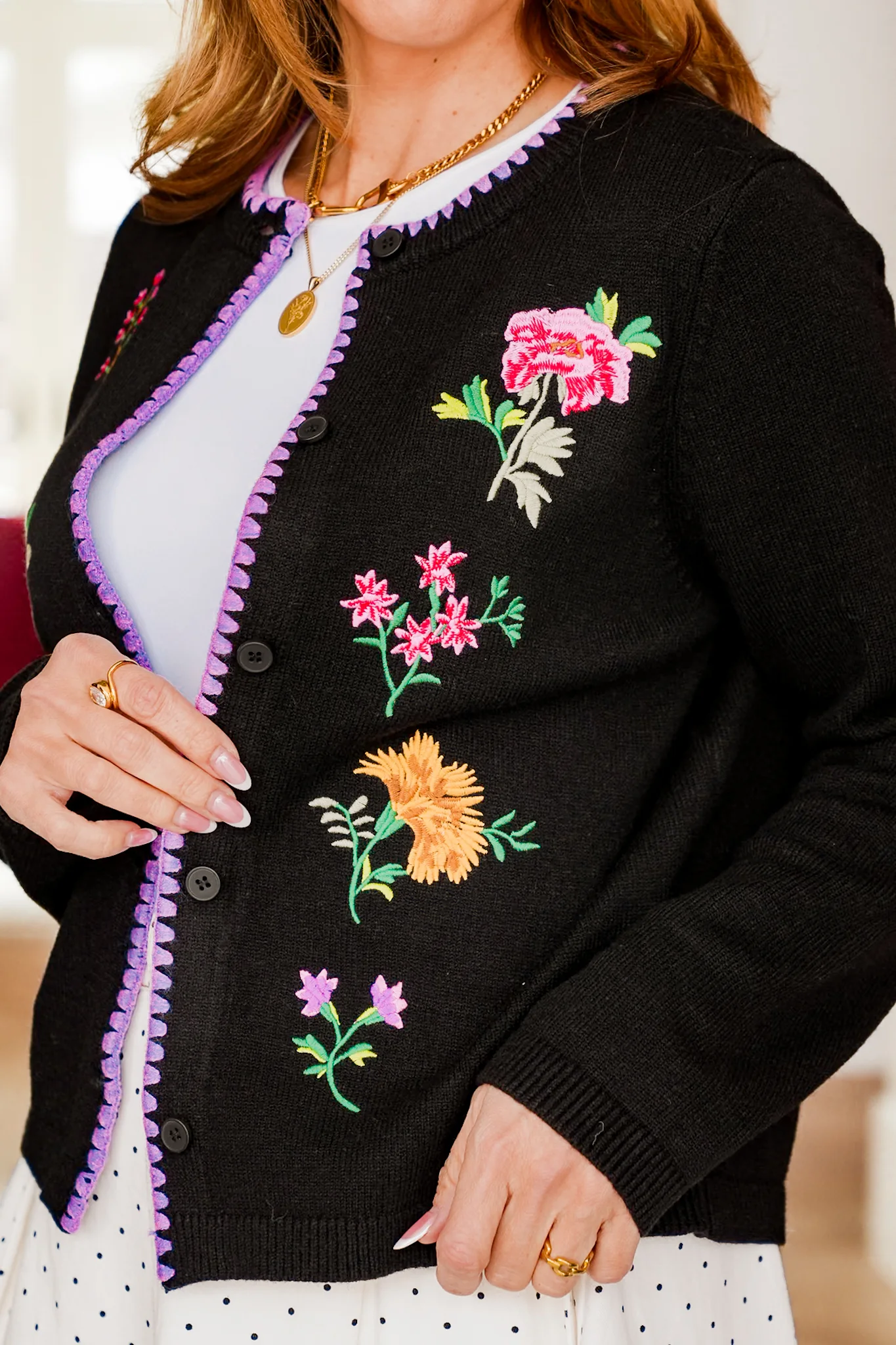 Long Sleeve Button Down Cardigan with Floral Embroidery - Image 3