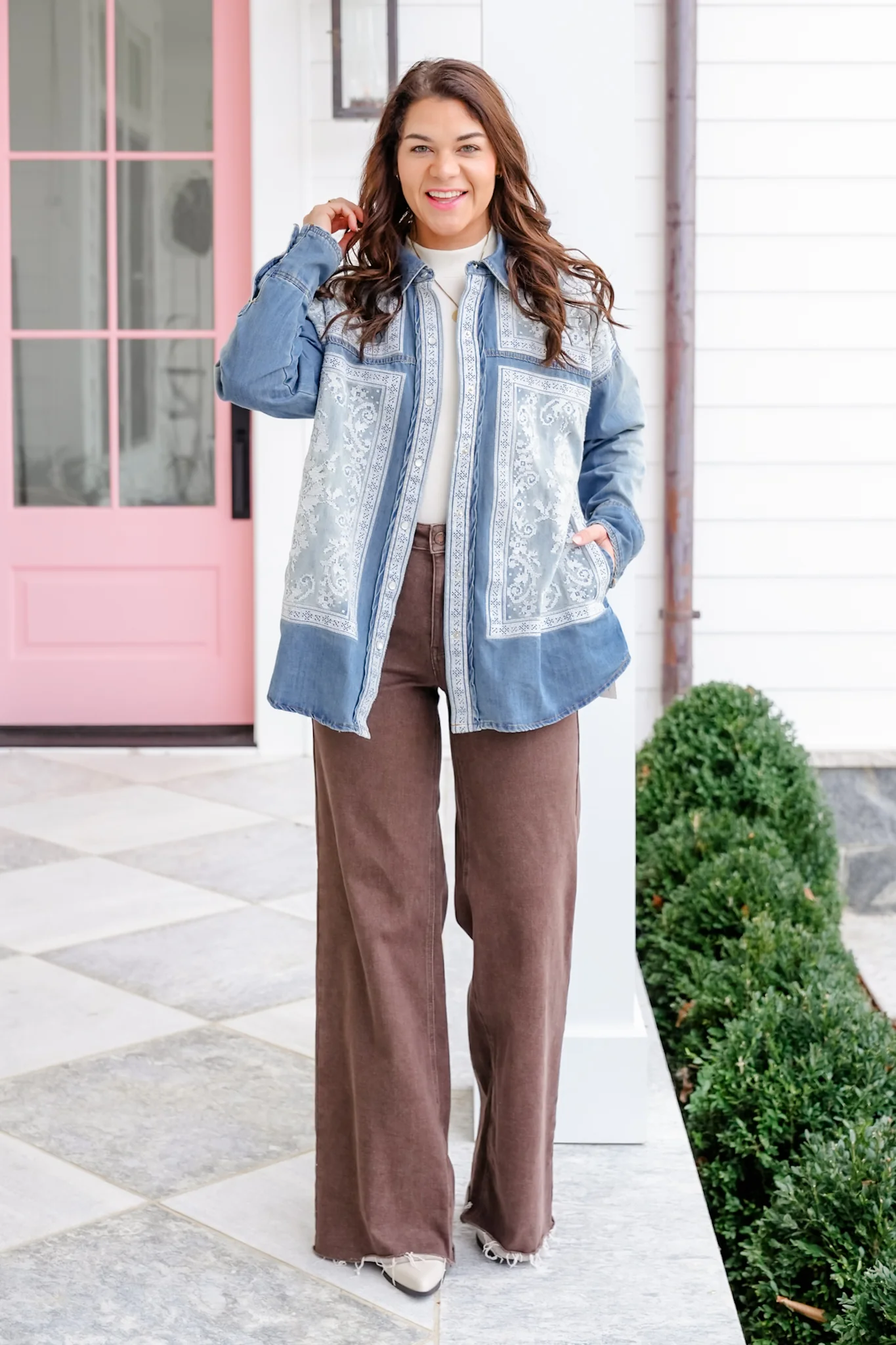 Long Sleeve Button Down Top with Cross Stitch Embroidery - Image 2
