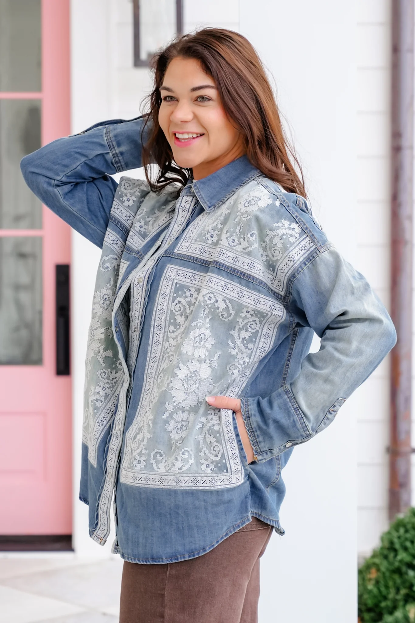Long Sleeve Button Down Top with Cross Stitch Embroidery - Image 4