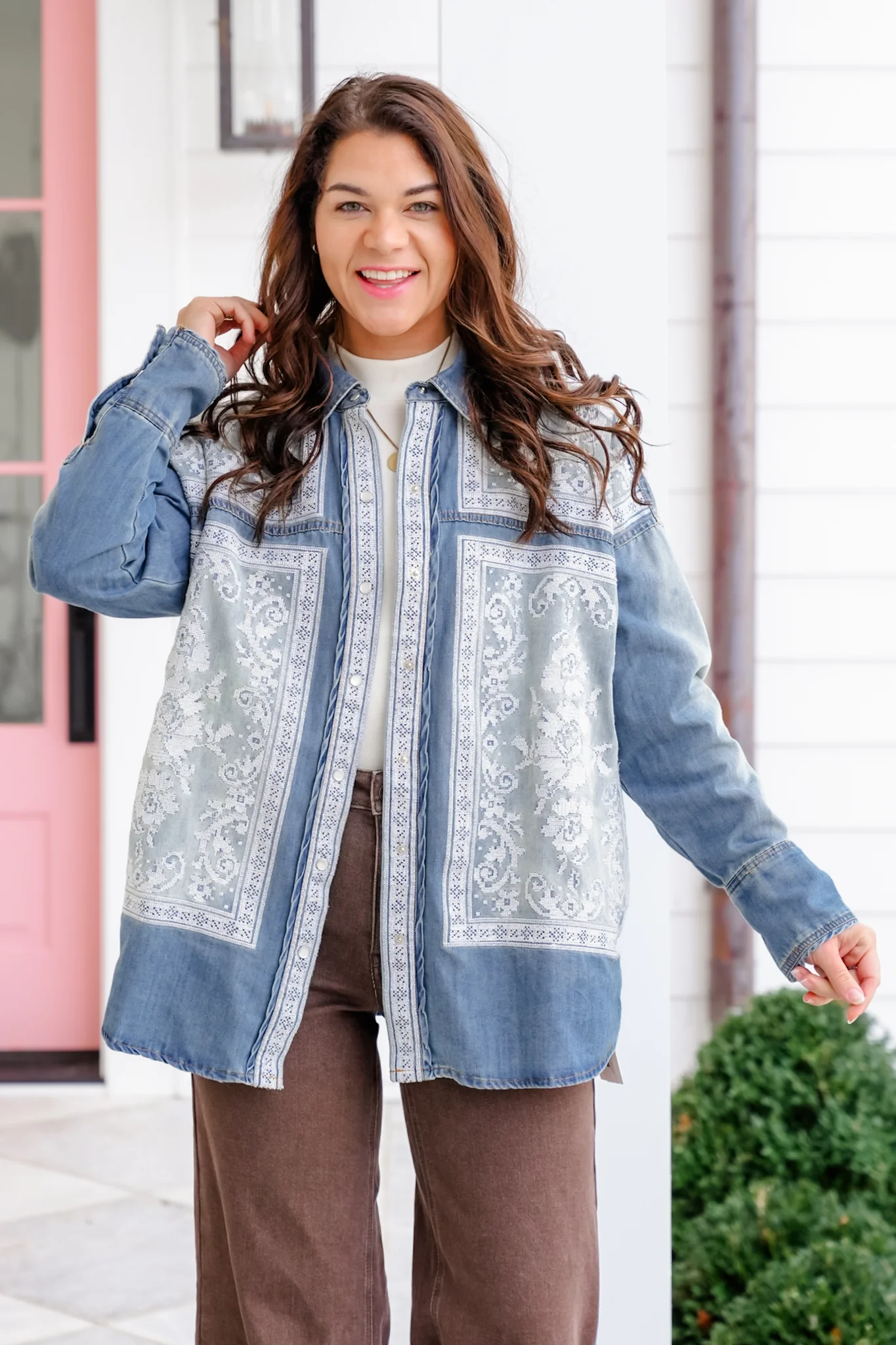 Long Sleeve Button Down Top with Cross Stitch Embroidery - Image 6
