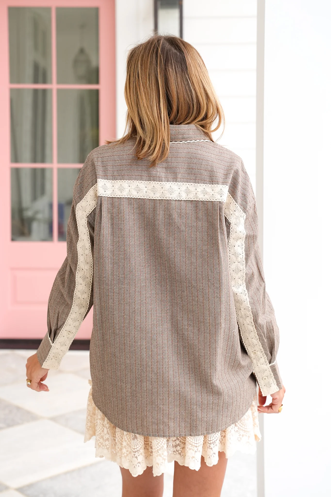 Long Sleeve Button Down Top with Lace Trim - Image 5
