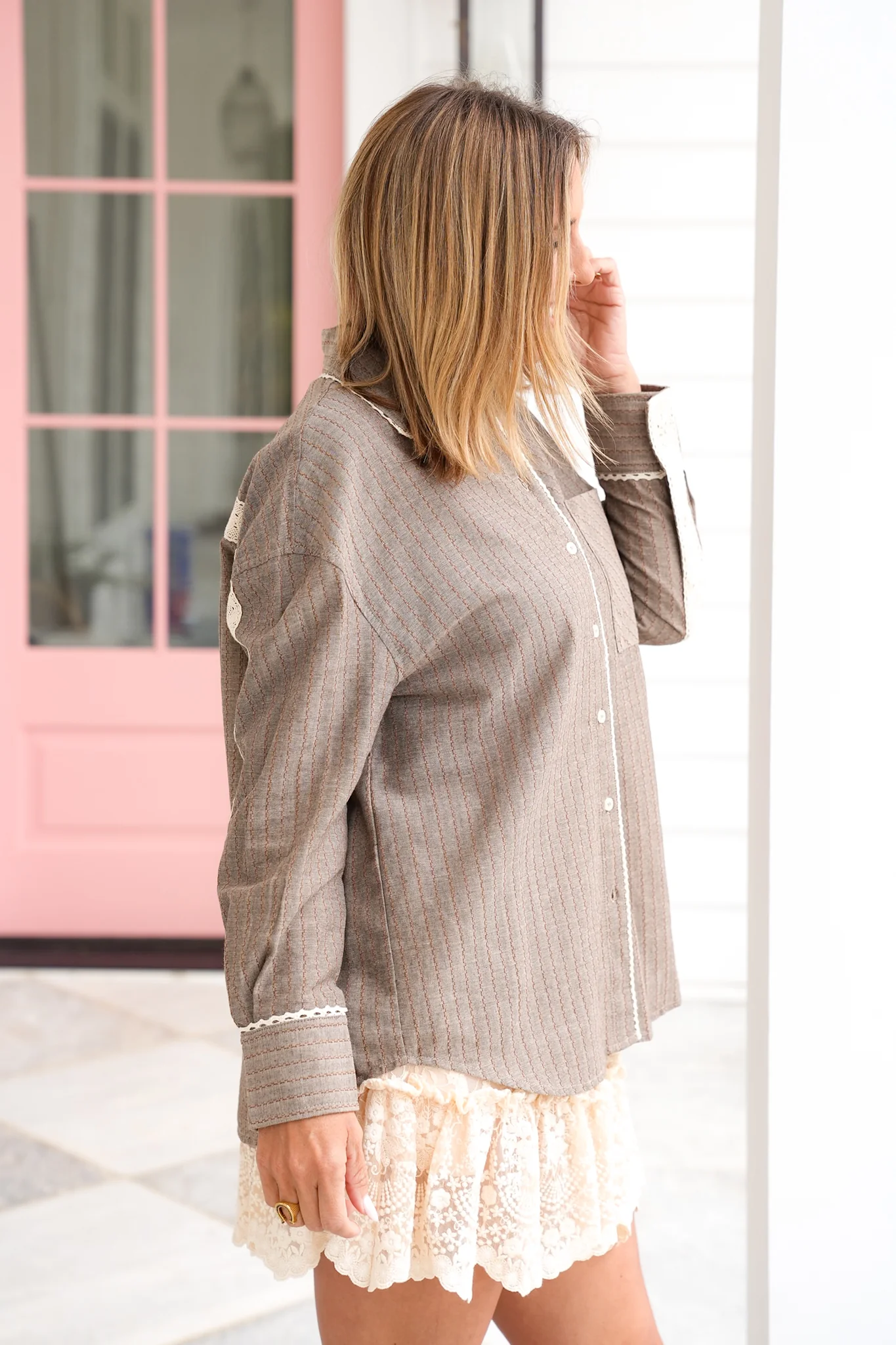 Long Sleeve Button Down Top with Lace Trim - Image 6