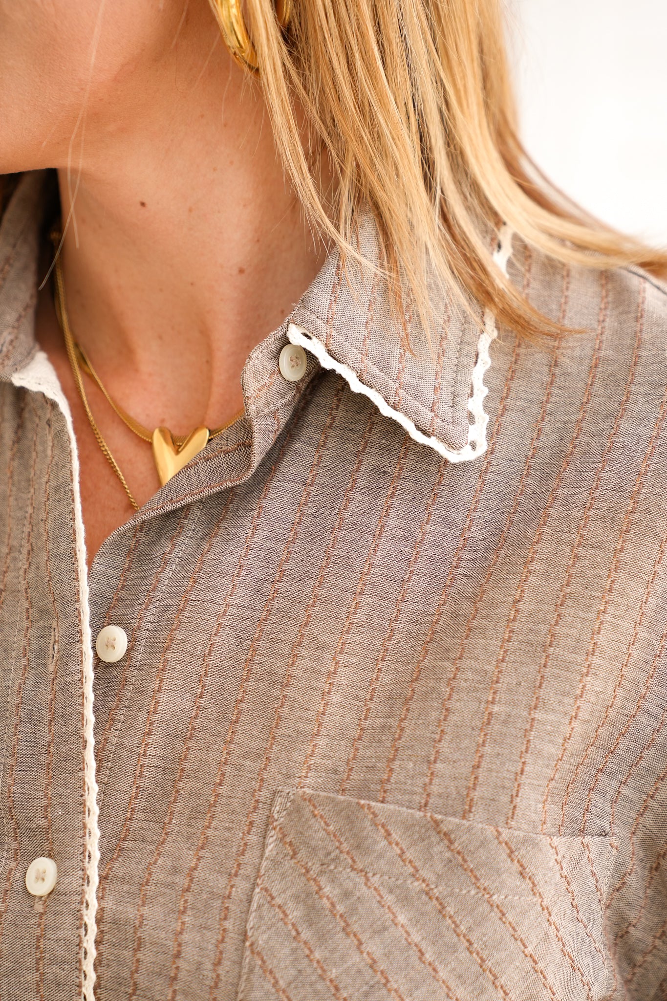 Long Sleeve Button Down Top with Lace Trim - Image 7