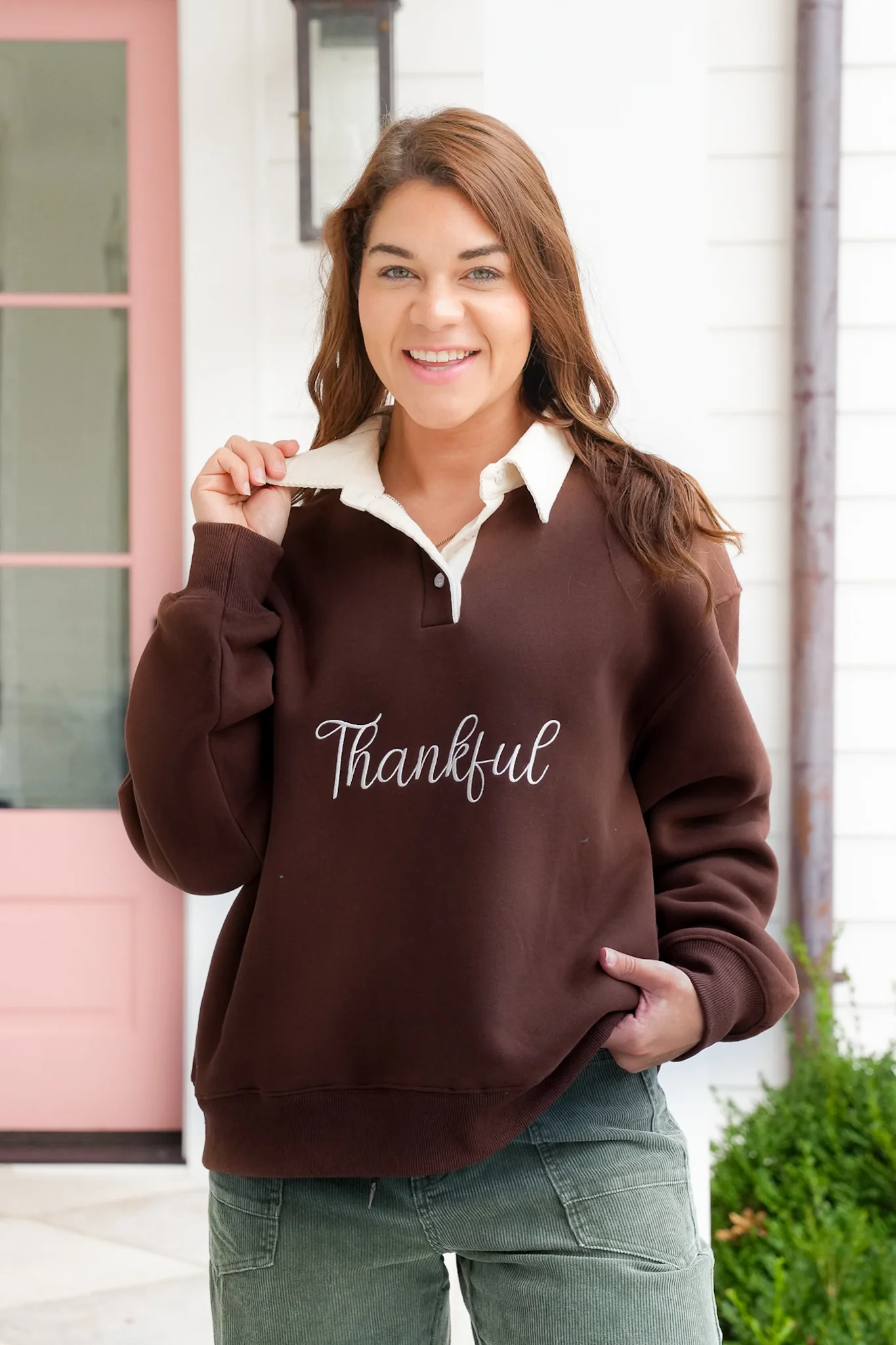 Long Sleeve Embroidered "Thankful" Collared Sweatshirt - Image 3