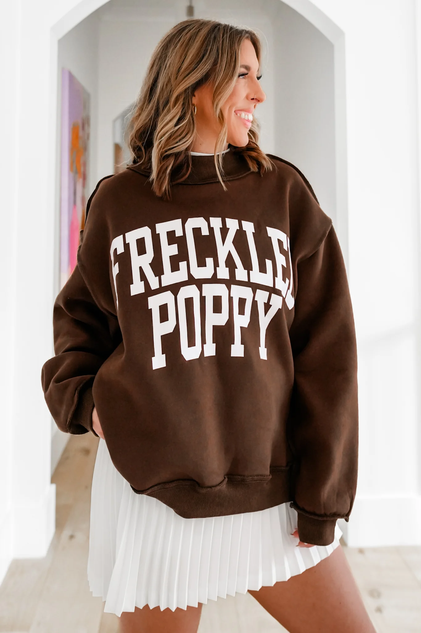 Brown Long Sleeve Reversible "Freckled Poppy/ Unbothered" Graphic Pullover Sweatshirt
