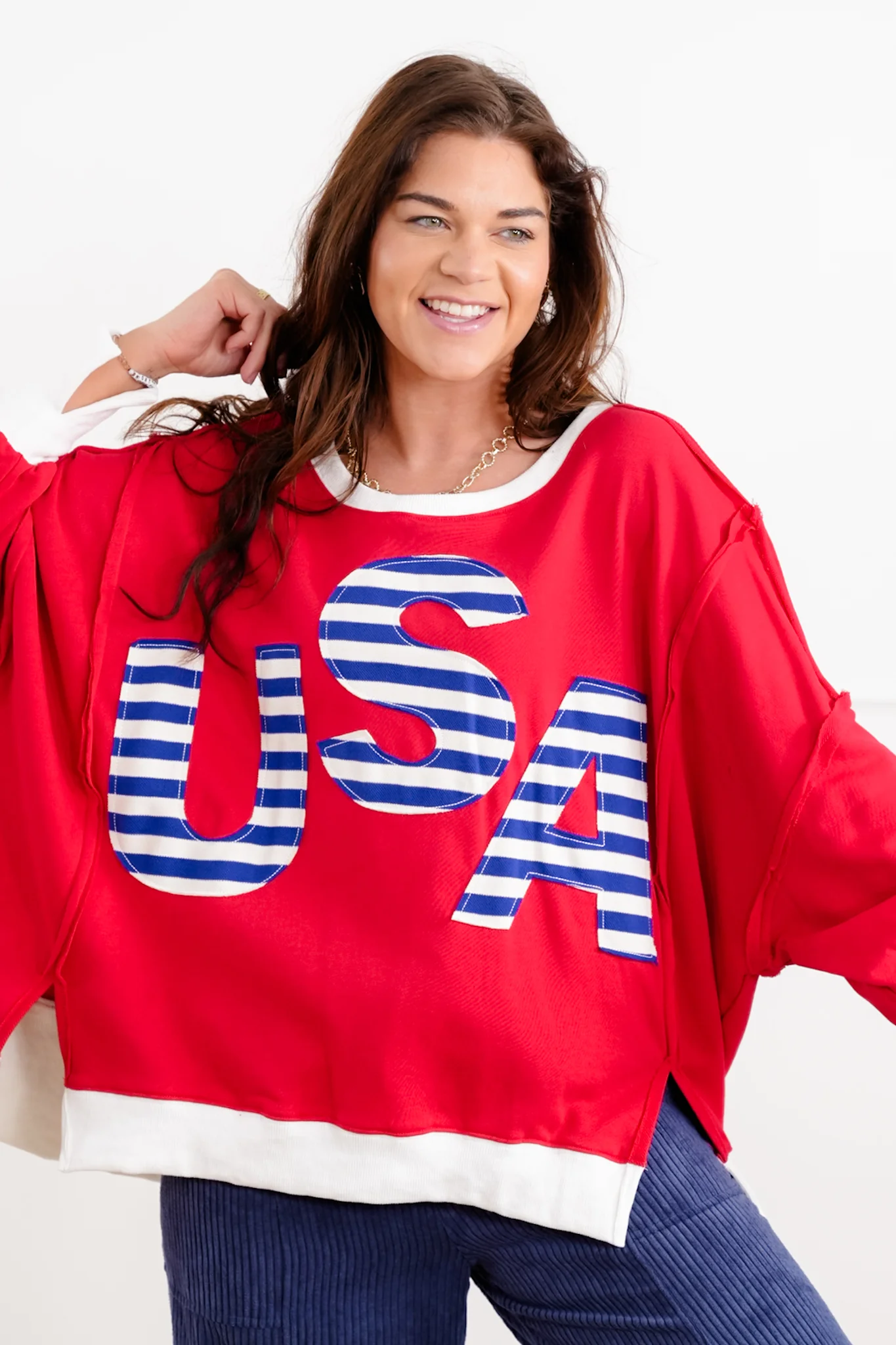 Long Sleeve French Terry Top with "USA" Patchwork Detail - Image 2
