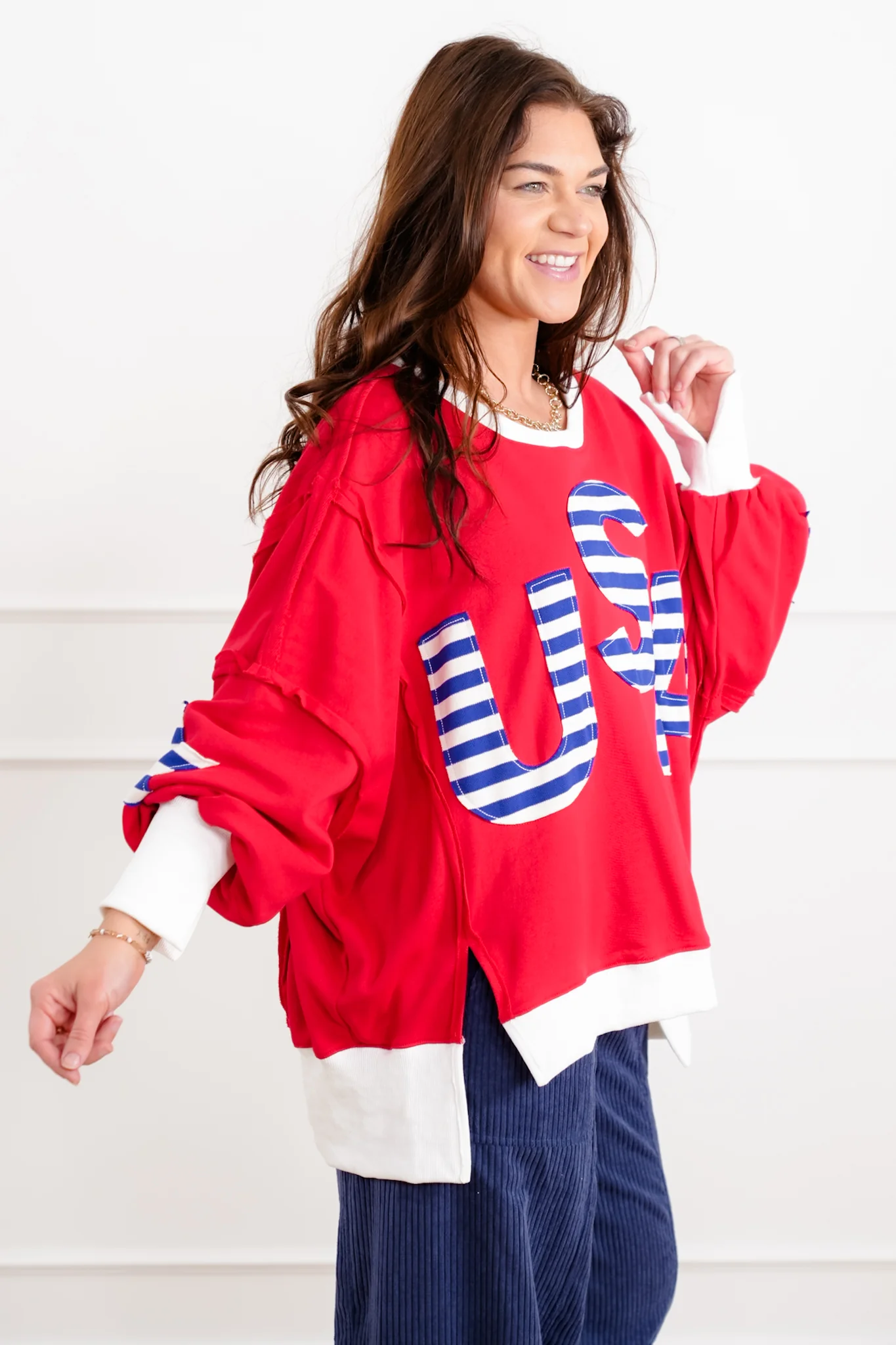 Long Sleeve French Terry Top with "USA" Patchwork Detail - Image 4