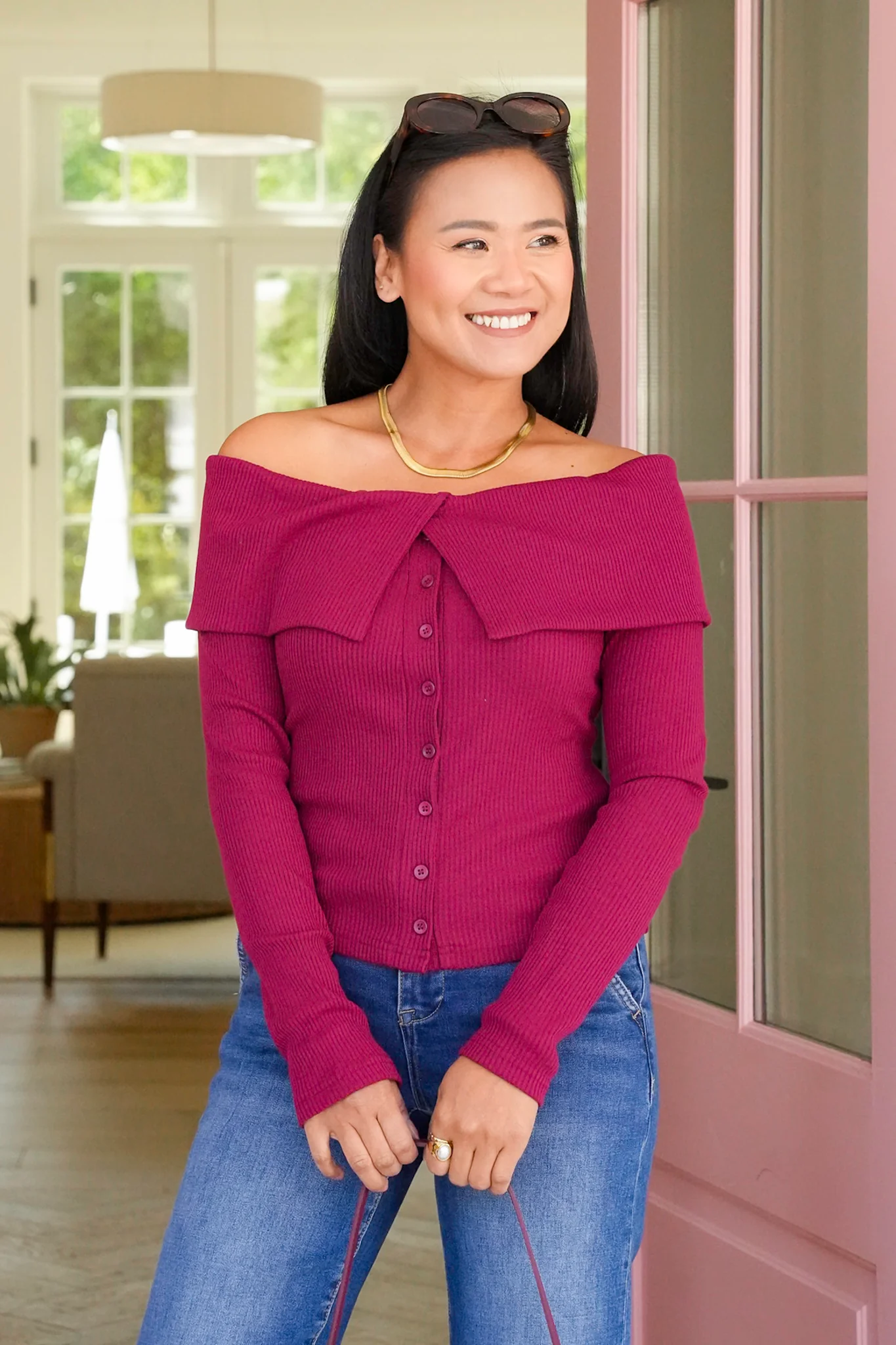 Ribbed Knit Long Sleeve Off Shoulder Top - Image 2