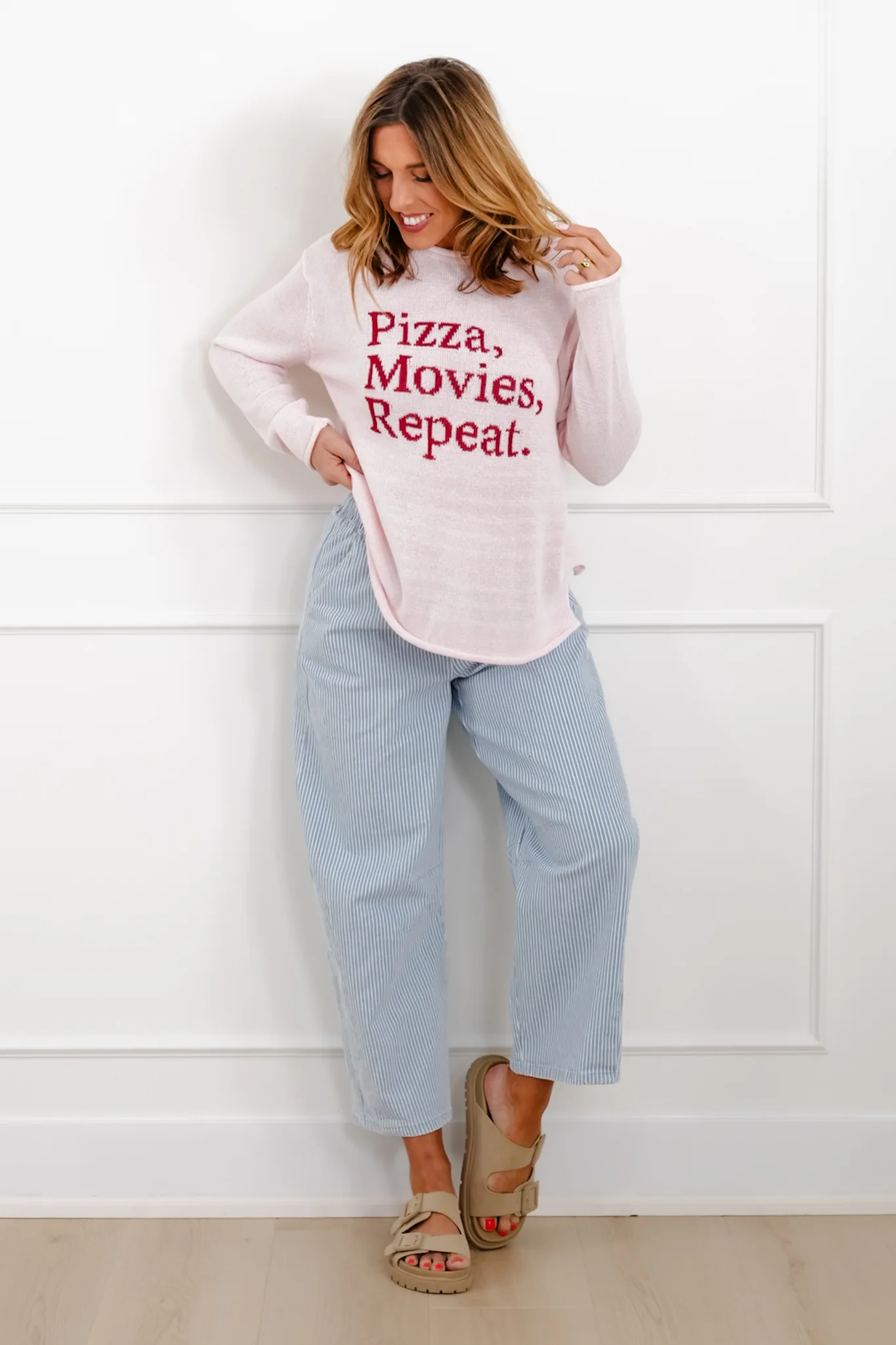 Long Sleeve "Pizza Movies Repeat" Pullover Sweater - Image 2