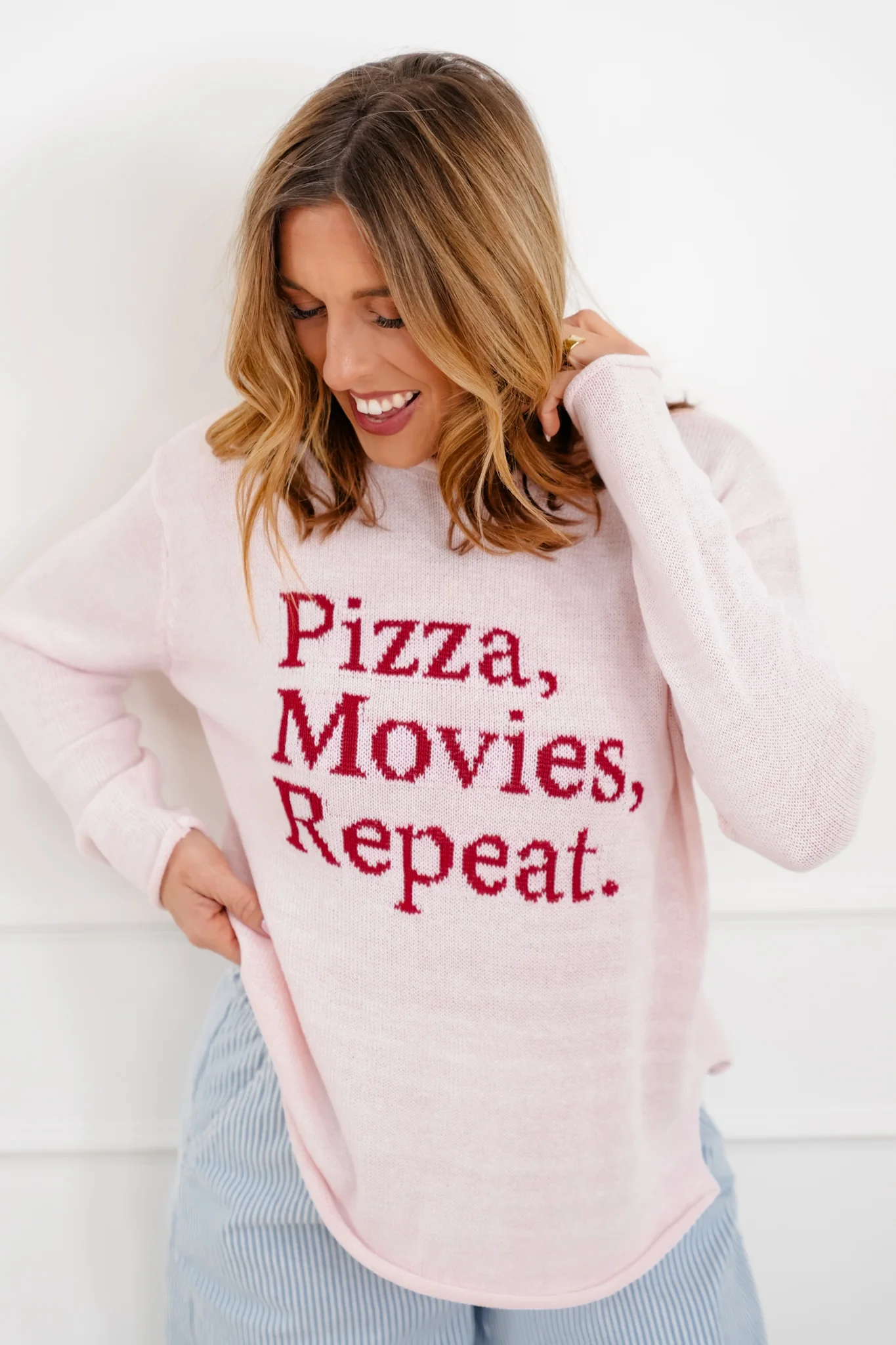 Long Sleeve "Pizza Movies Repeat" Pullover Sweater - Image 5