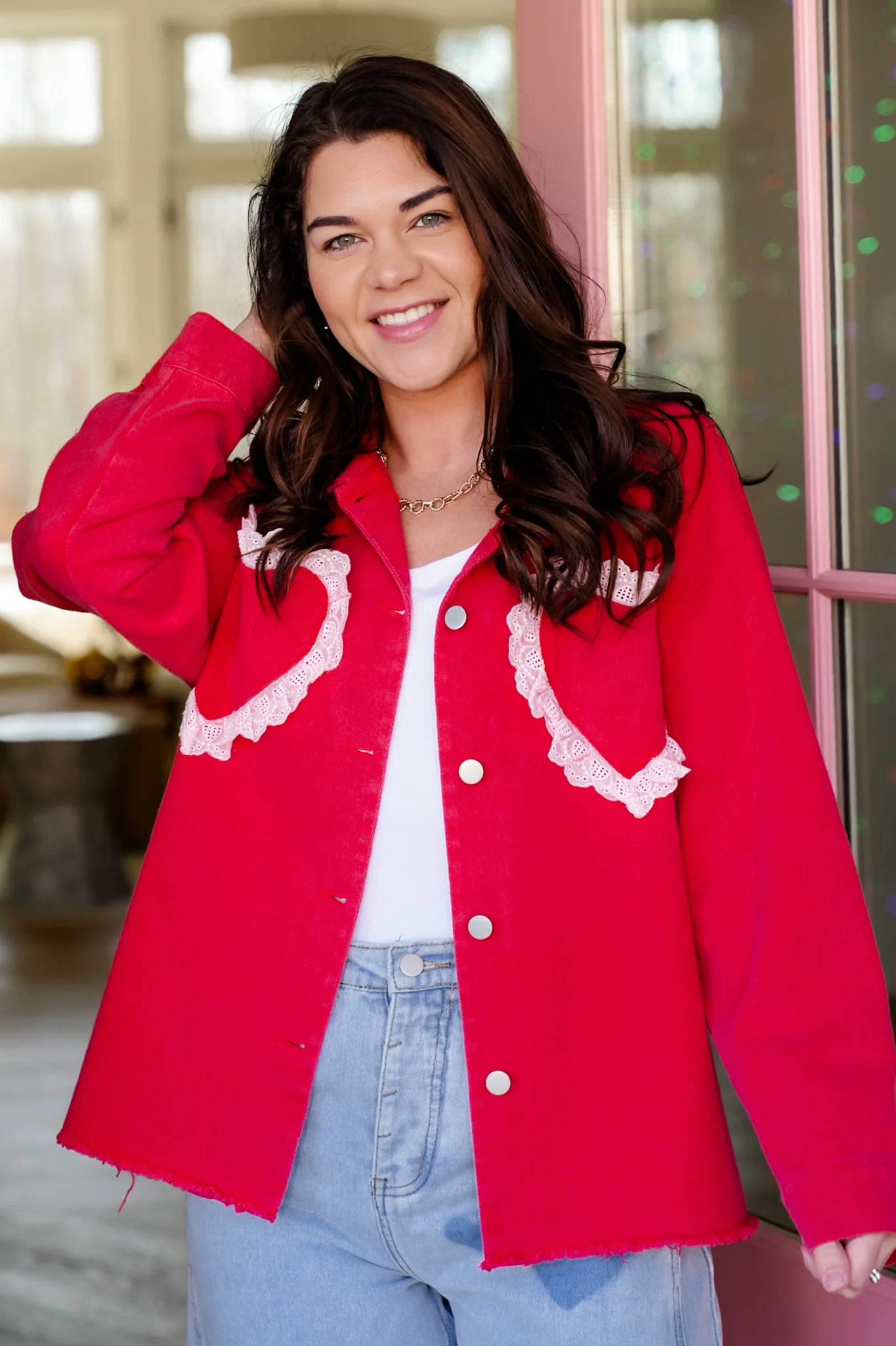 Long Sleeve Shacket with Lace Heart Pocket Detail - Image 2