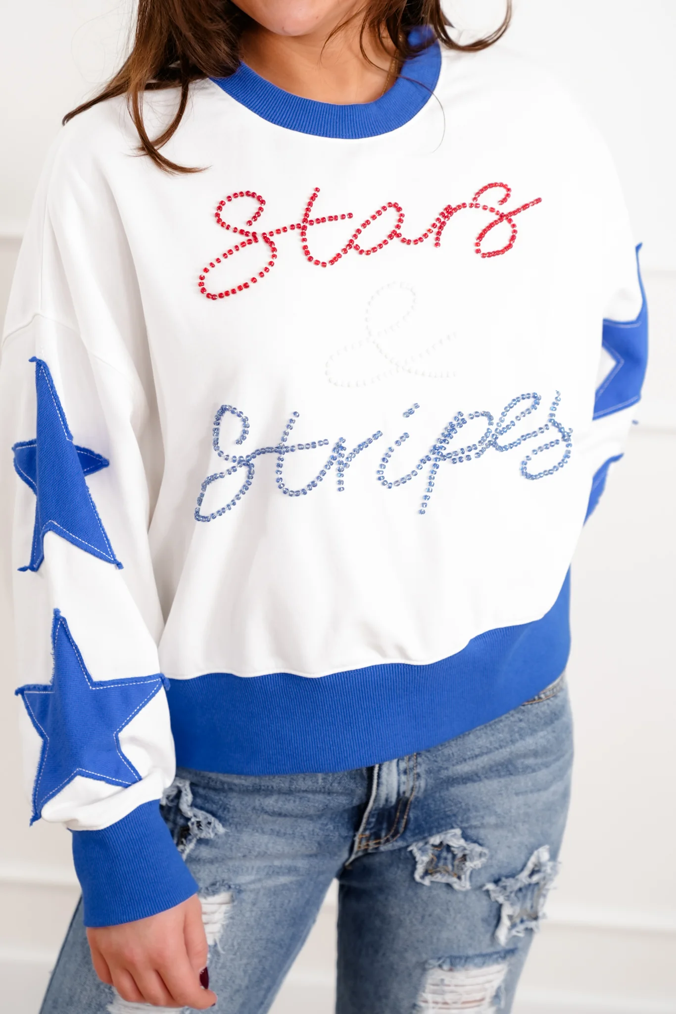 Long Sleeve Sweatshirt with Beaded "Stars And Stripes" Detail - Image 3