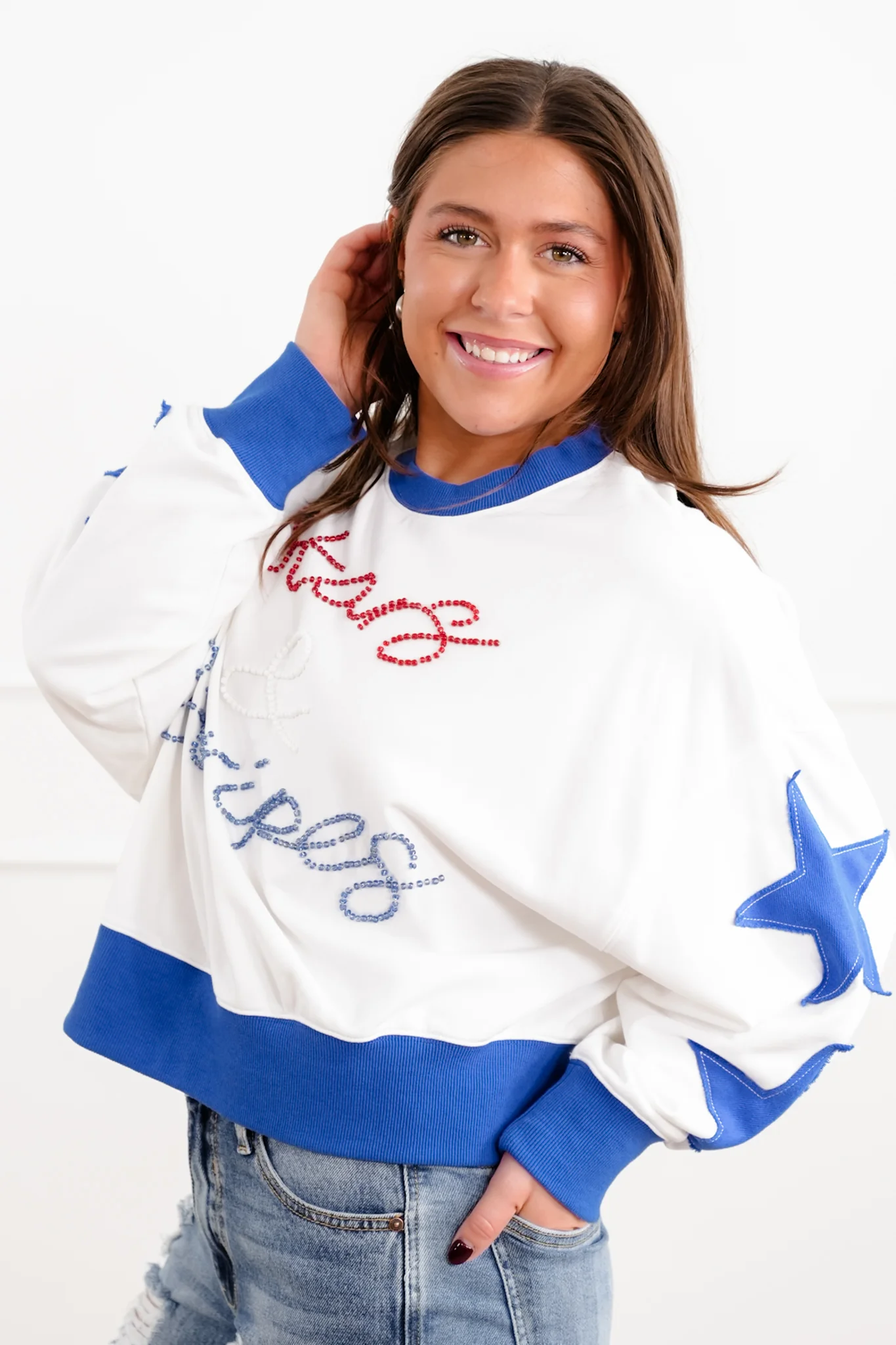 Long Sleeve Sweatshirt with Beaded "Stars And Stripes" Detail - Image 4
