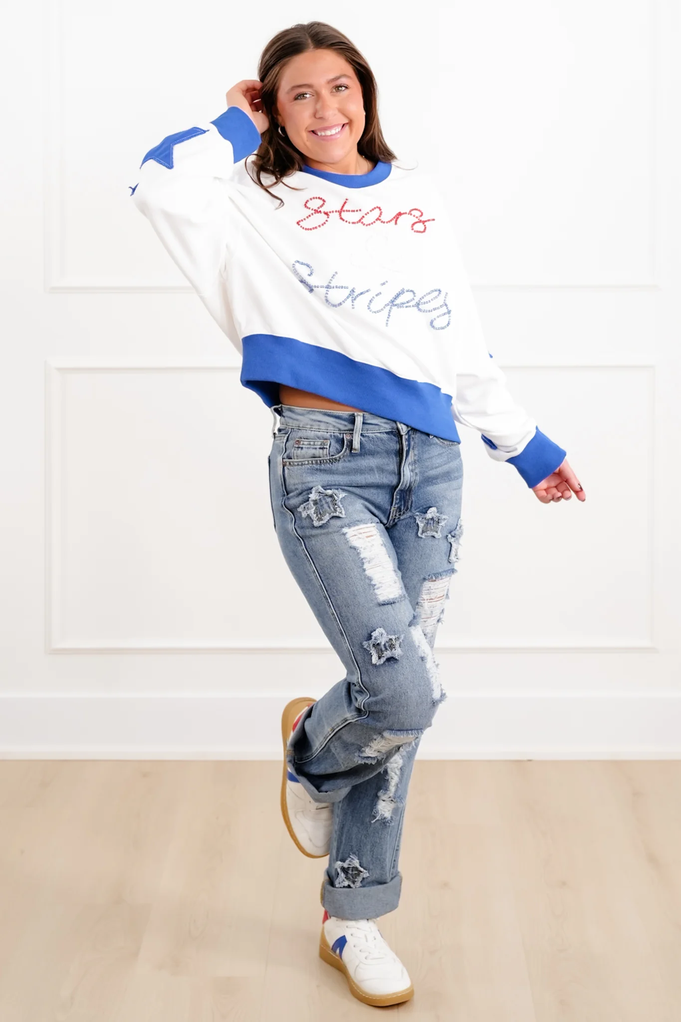 Long Sleeve Sweatshirt with Beaded "Stars And Stripes" Detail - Image 9