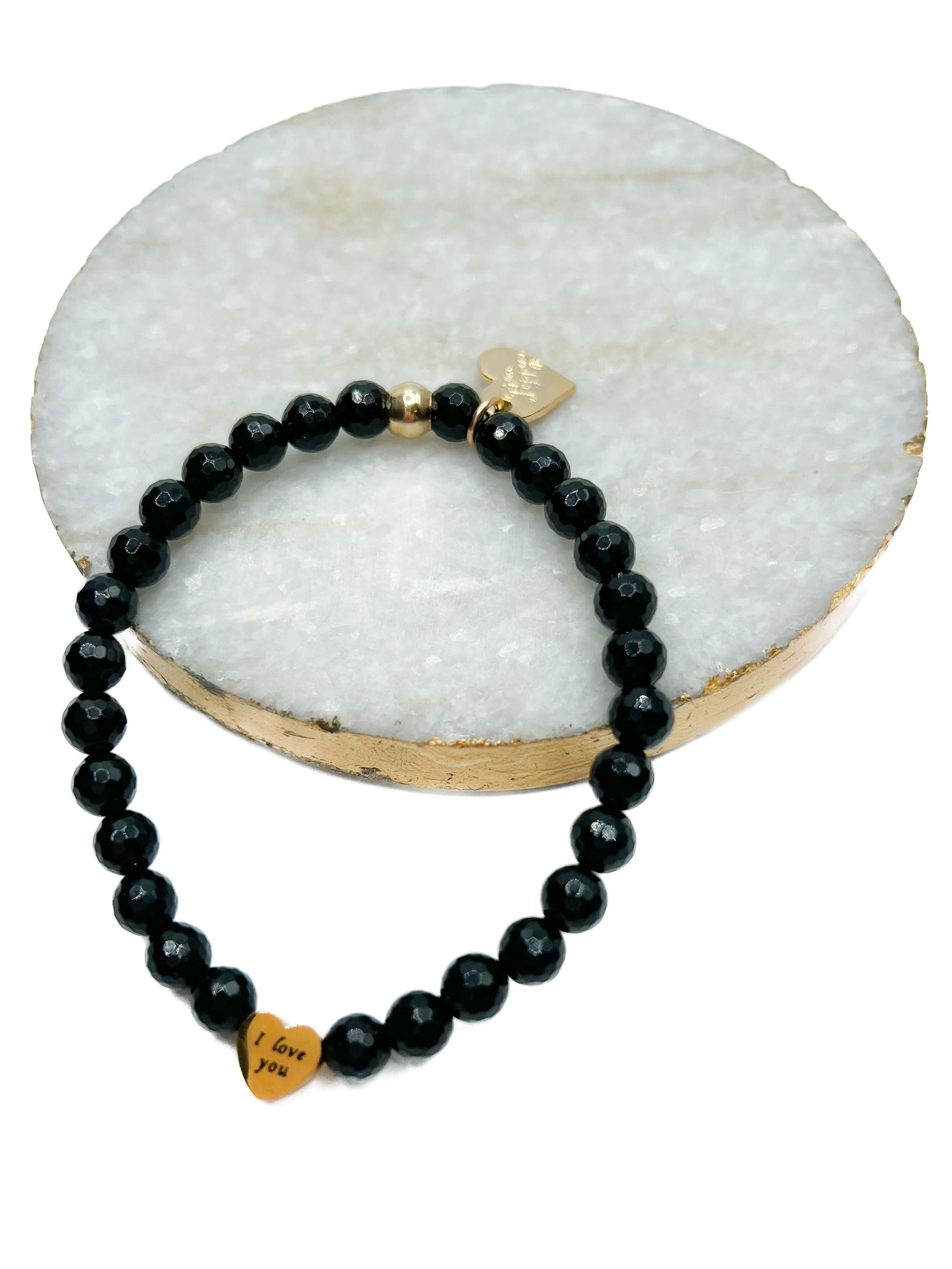 Love, Poppy Gold "I Love You" Charm Black Beaded Stretch Bracelet - Image 2