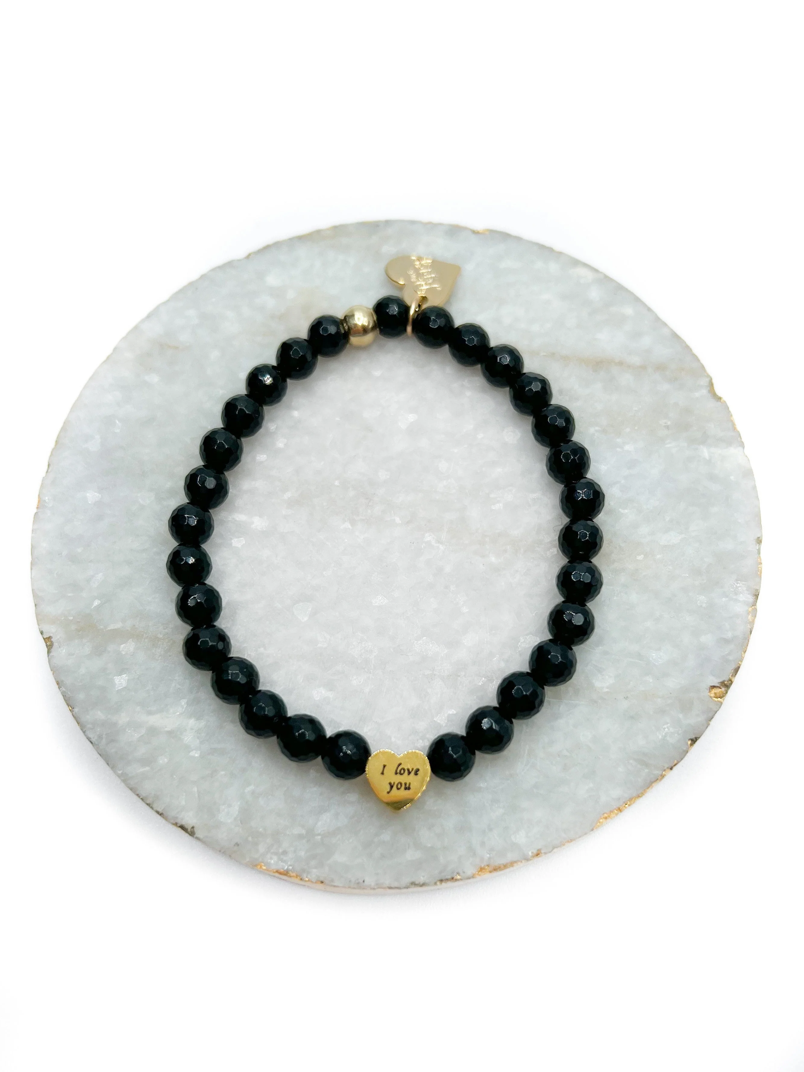 Love, Poppy Gold "I Love You" Charm Black Beaded Stretch Bracelet - Image 3