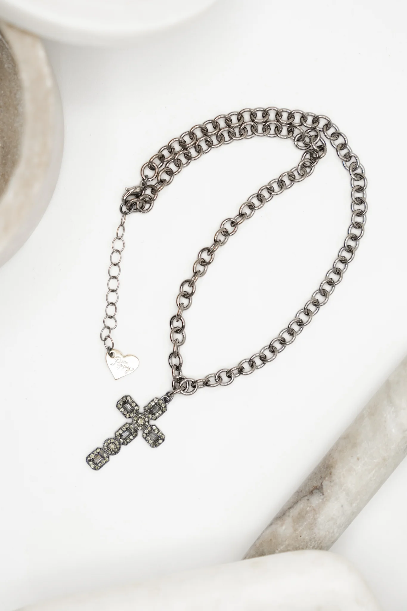 Love, Poppy Gunmetal Crystal Embedded Cross Necklace - Image 2