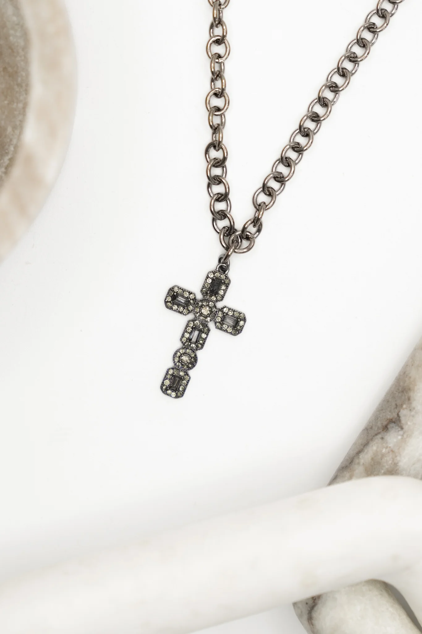 Love, Poppy Gunmetal Crystal Embedded Cross Necklace - Image 3