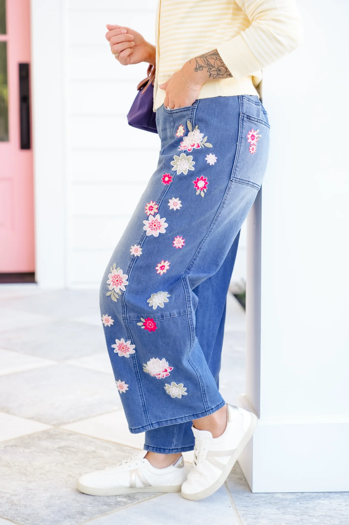 Medium Wash Denim Jeans with Floral Embroidery - Image 5