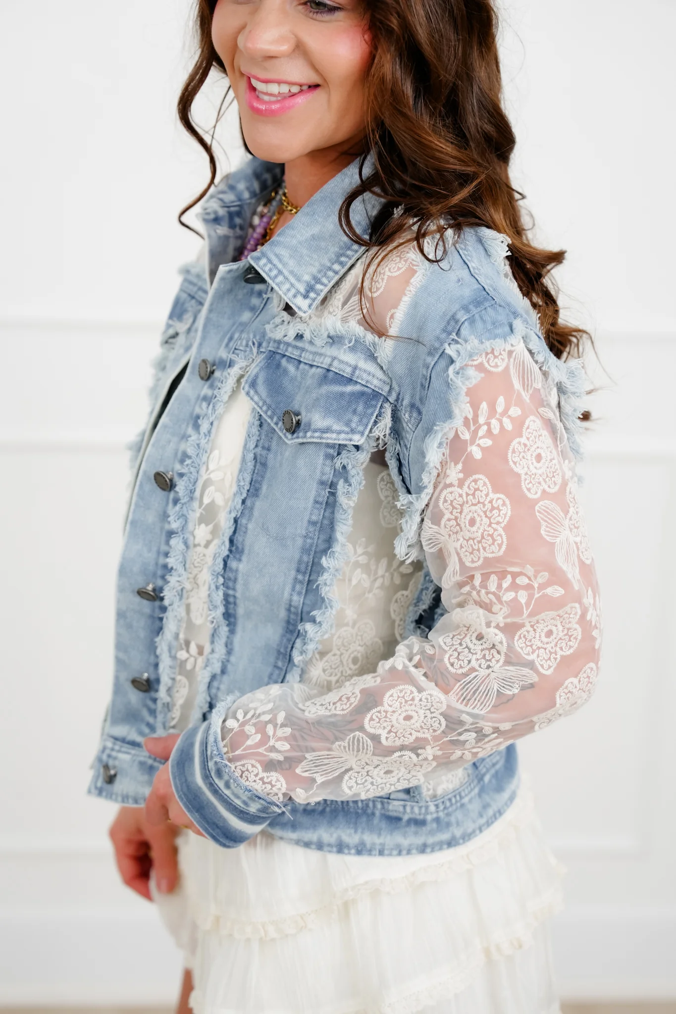 Medium Wash Long Sleeve Button Down Jacket with Lace Detail - Image 2