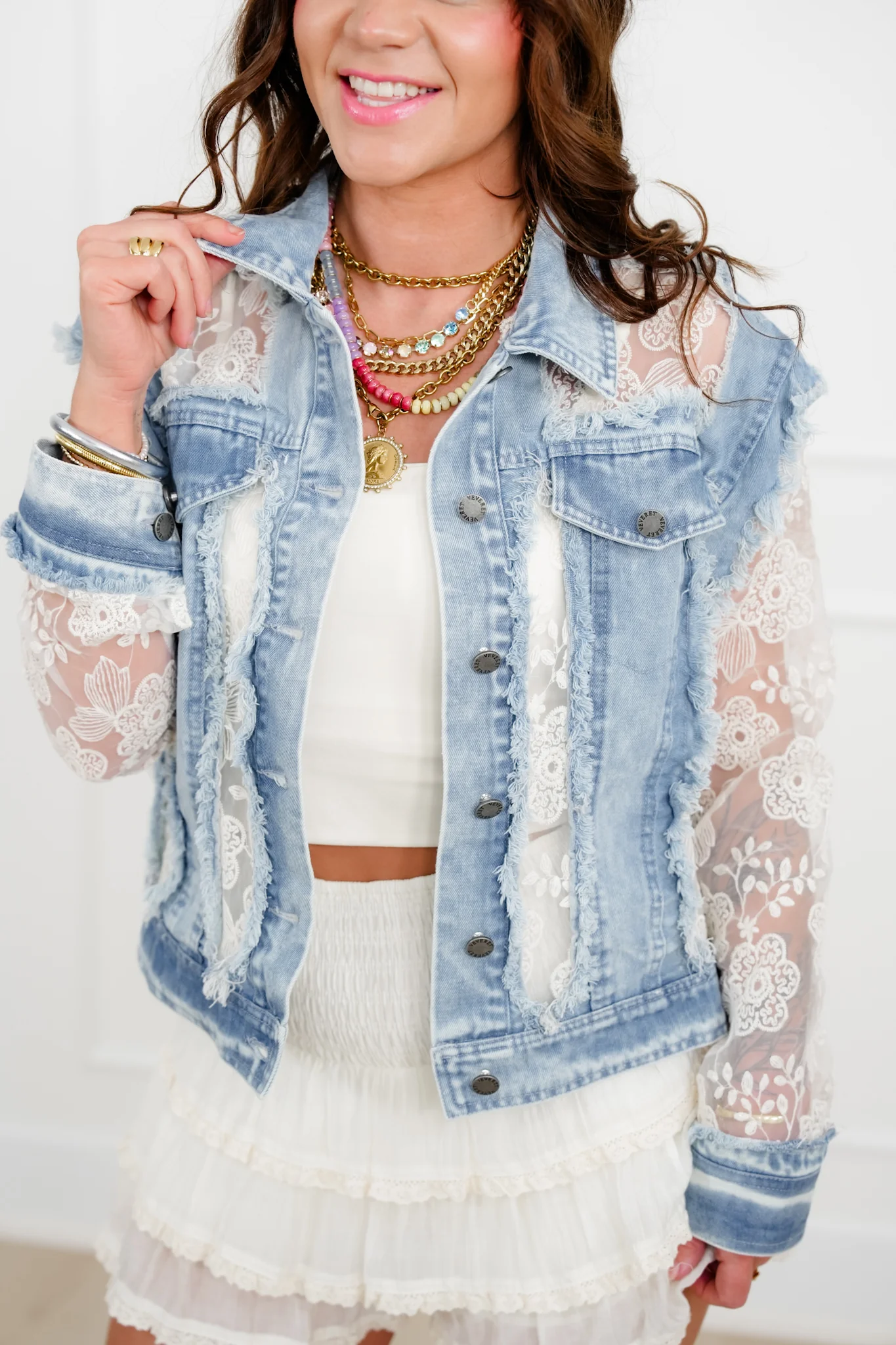 Medium Wash Long Sleeve Button Down Jacket with Lace Detail - Image 7