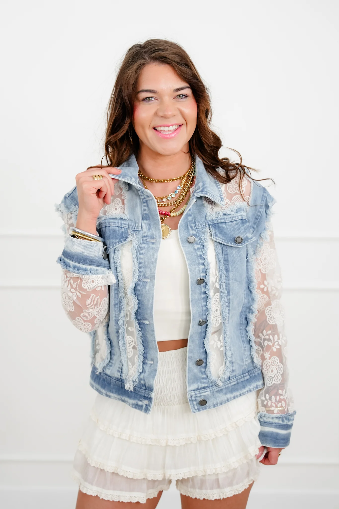 Medium Wash Long Sleeve Button Down Jacket with Lace Detail - Image 8