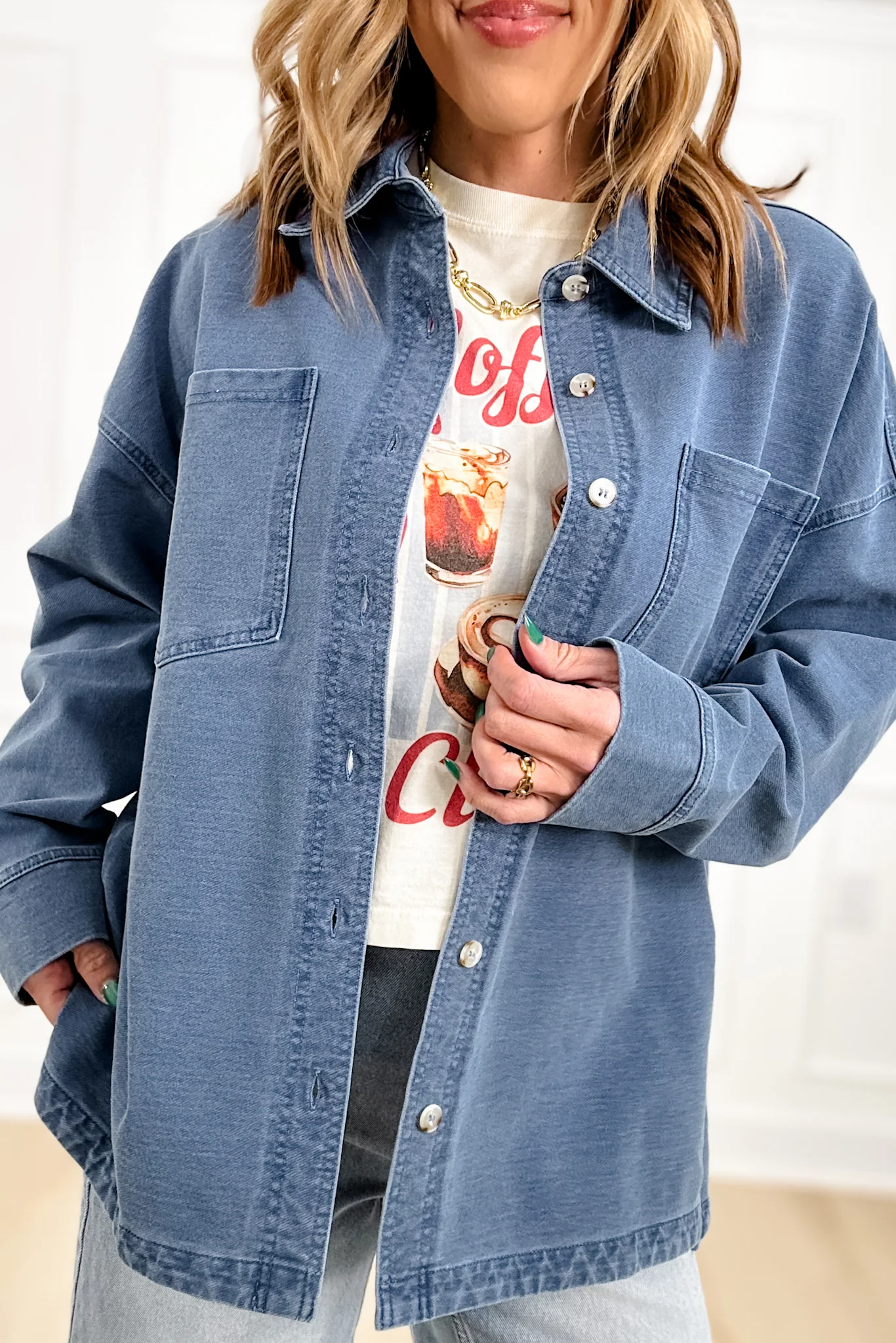 Medium Wash Long Sleeve Button Down Shacket - Image 2