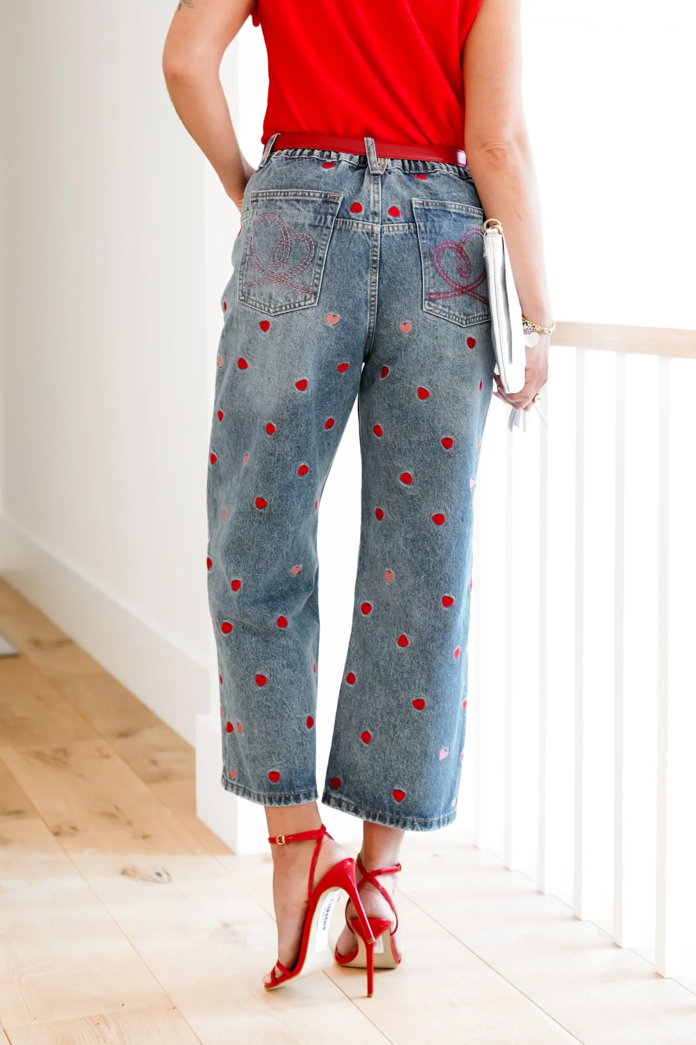 Medium Washed High Rise Embroidered Hearts Jeans - Image 5