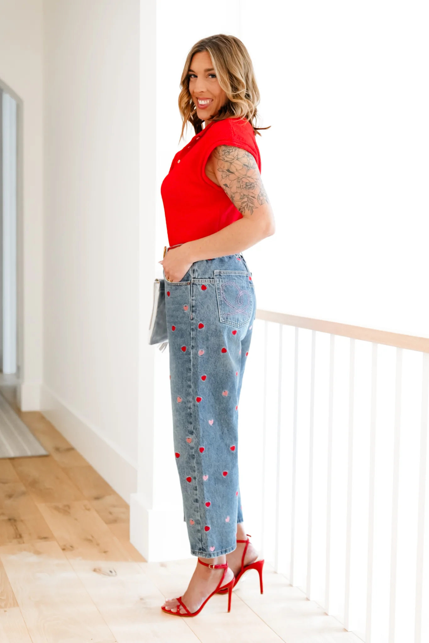 Medium Washed High Rise Embroidered Hearts Jeans - Image 6