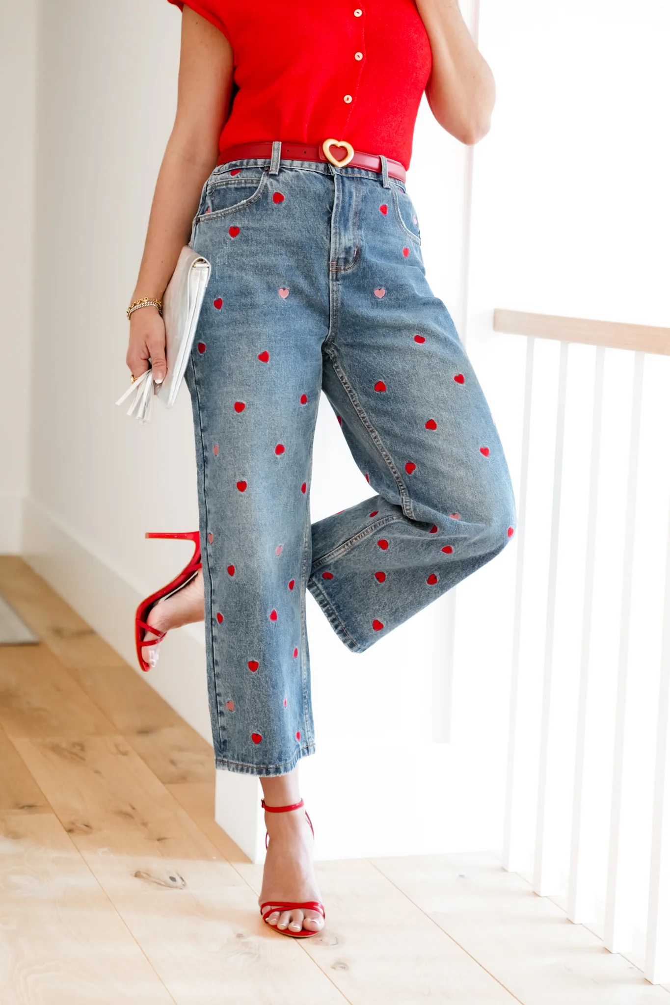 Medium Washed High Rise Embroidered Hearts Jeans - Image 7