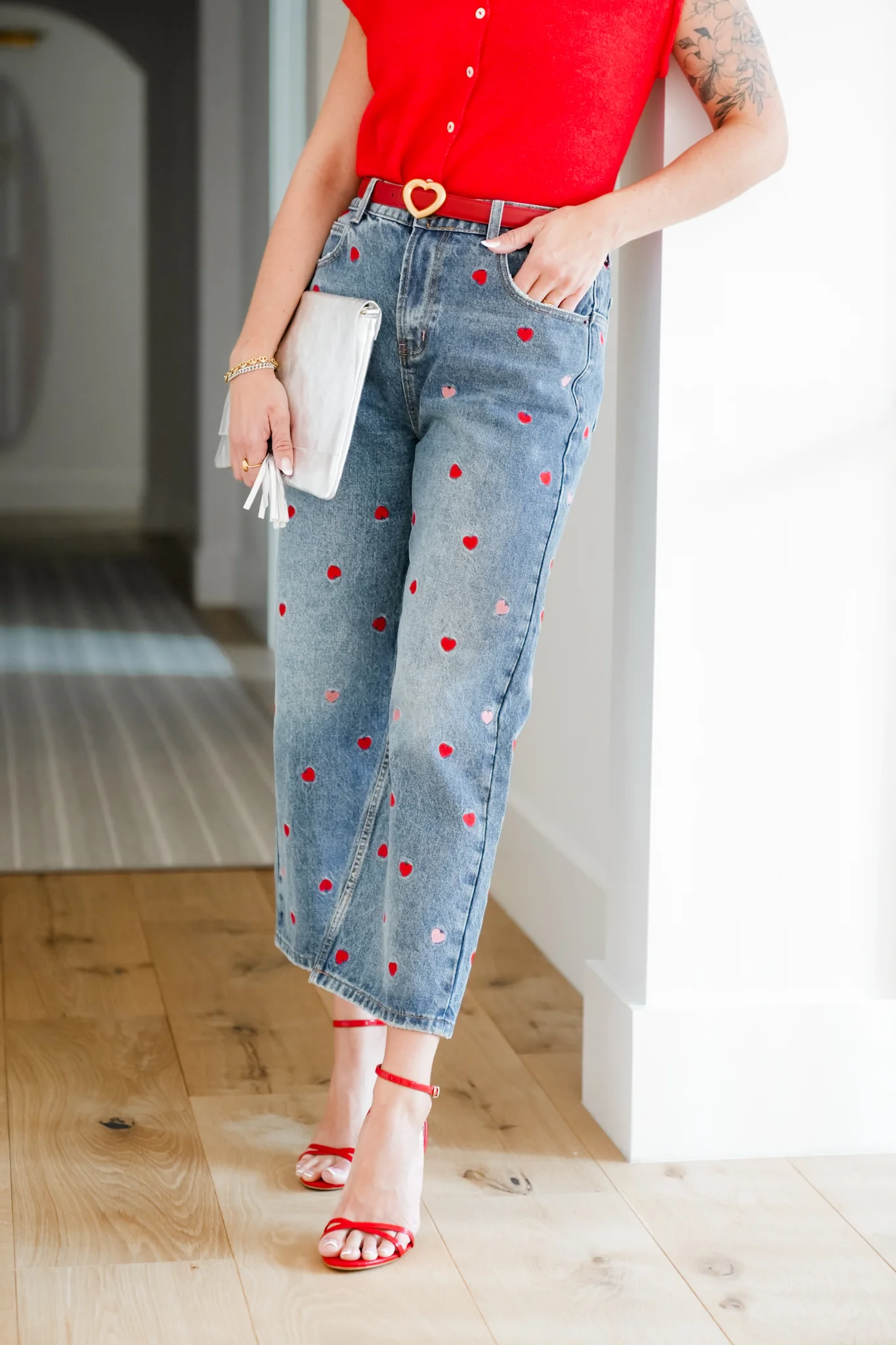 Medium Washed High Rise Embroidered Hearts Jeans - Image 9