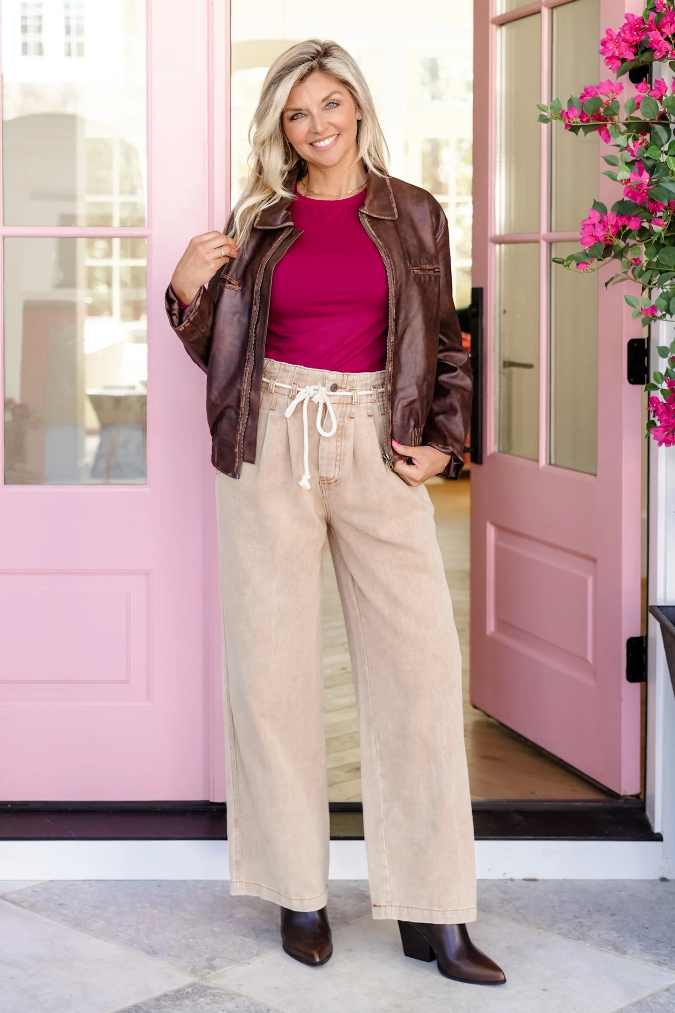 Light Mocha Washed Wide Leg Pants with Drawstring - Image 5