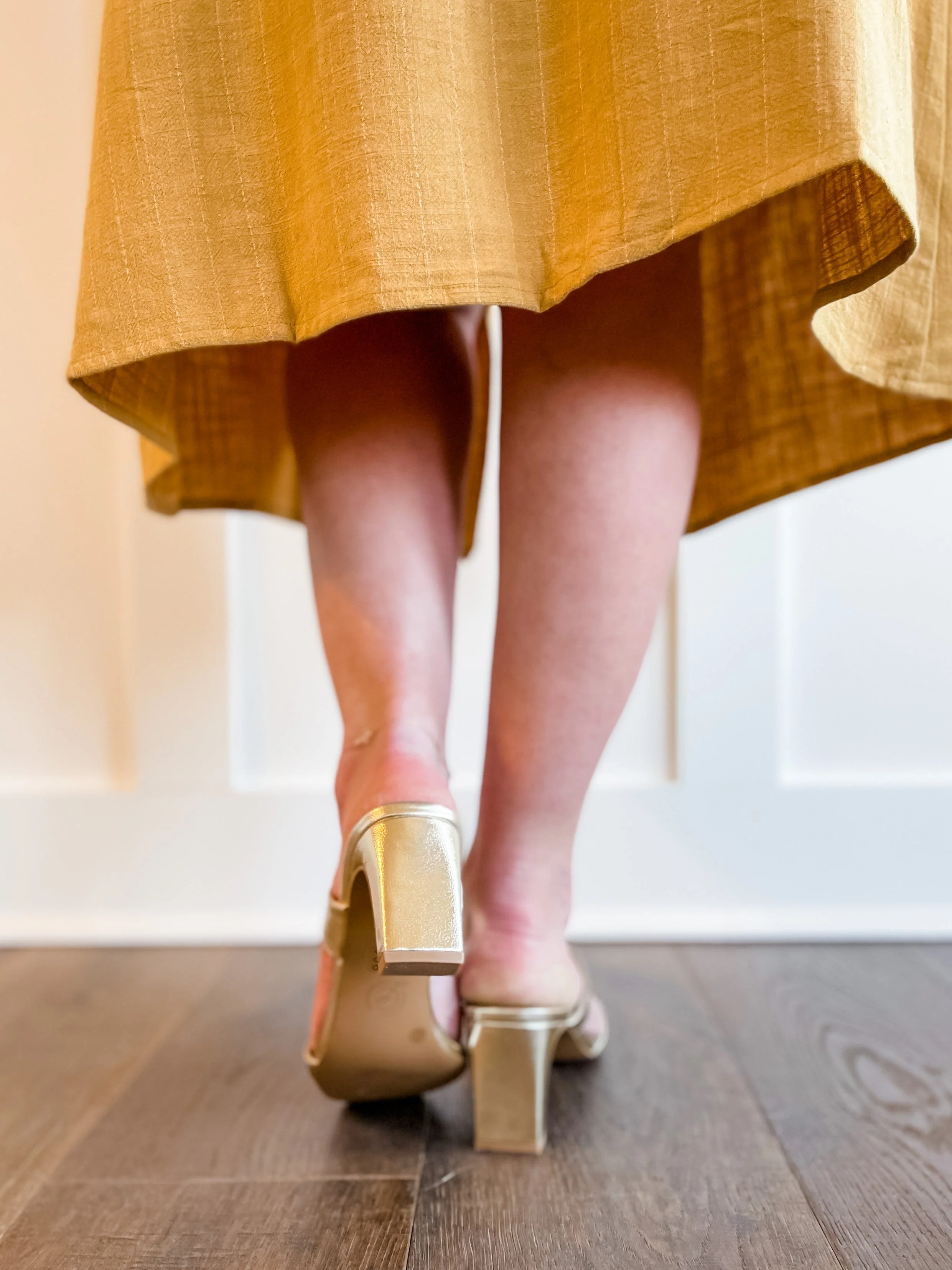 Metallic Light Gold Heeled Double Strap Slide In Sandals - Image 11