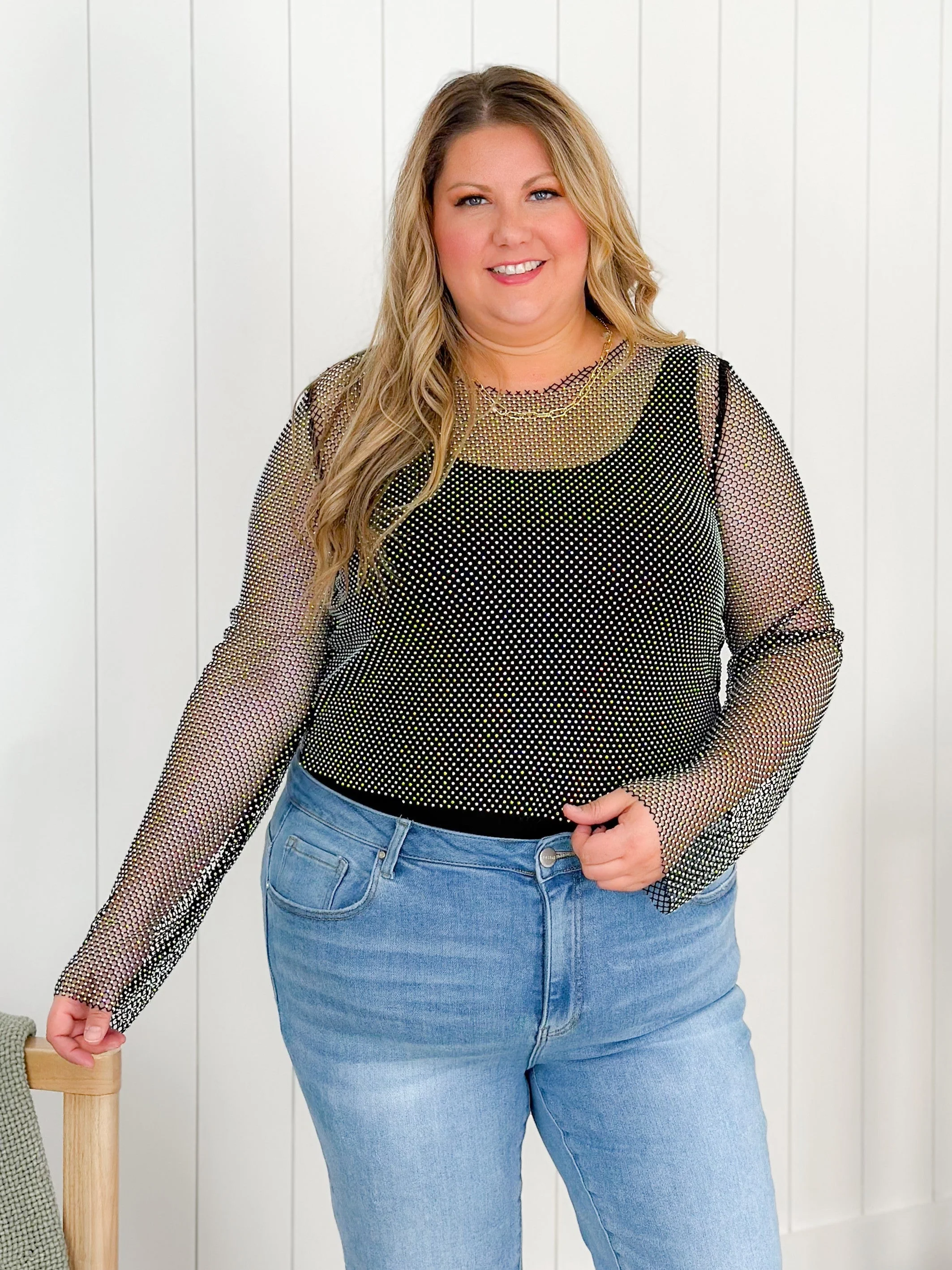 Metallic Rhinestone Mesh Long Sleeve Top (Multiple Colors) - Image 10