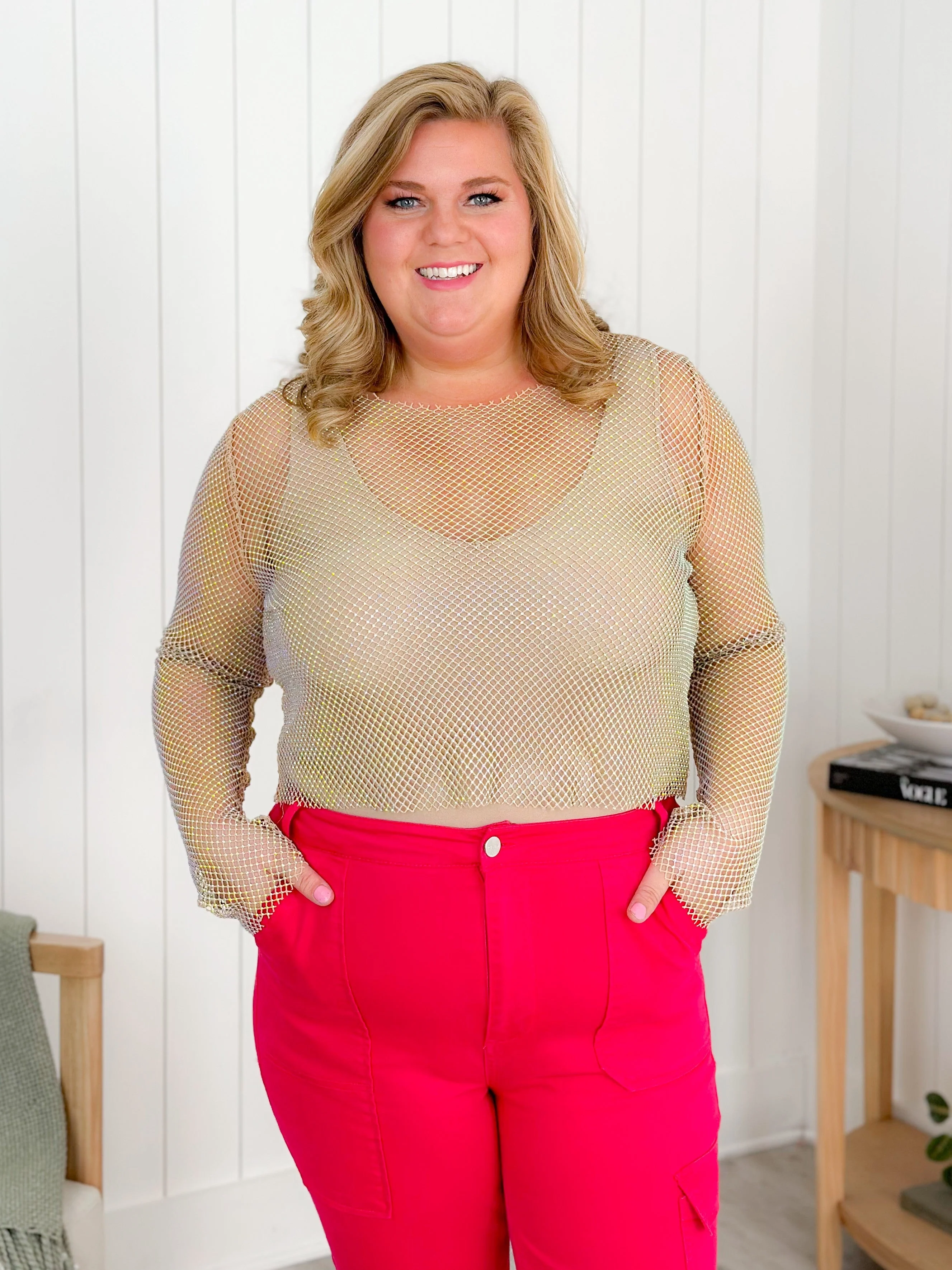 Metallic Rhinestone Mesh Long Sleeve Top (Multiple Colors) - Image 4