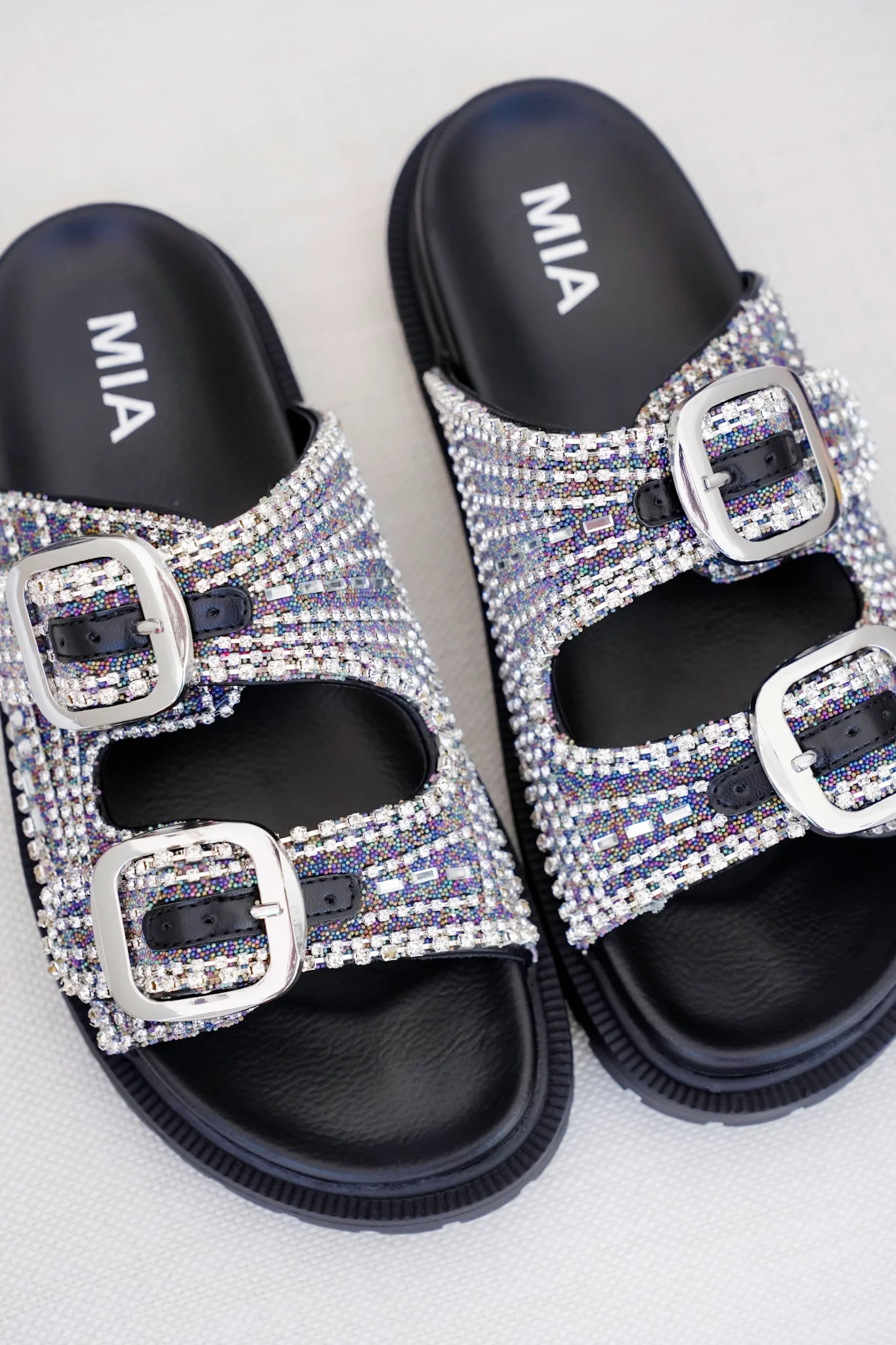 MIA Double Buckle Slide Sandals with Crystal Embellishments - Image 2