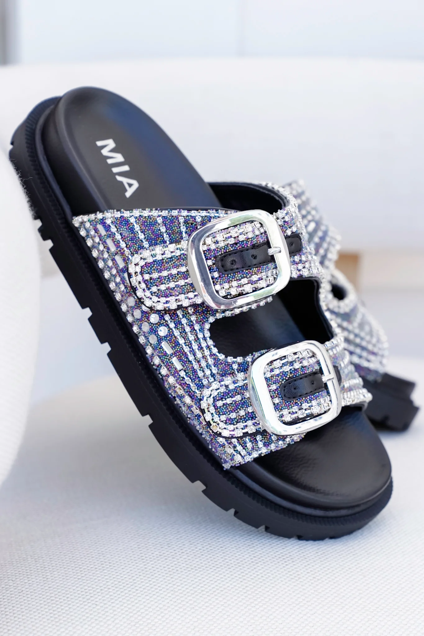 MIA Double Buckle Slide Sandals with Crystal Embellishments - Image 3