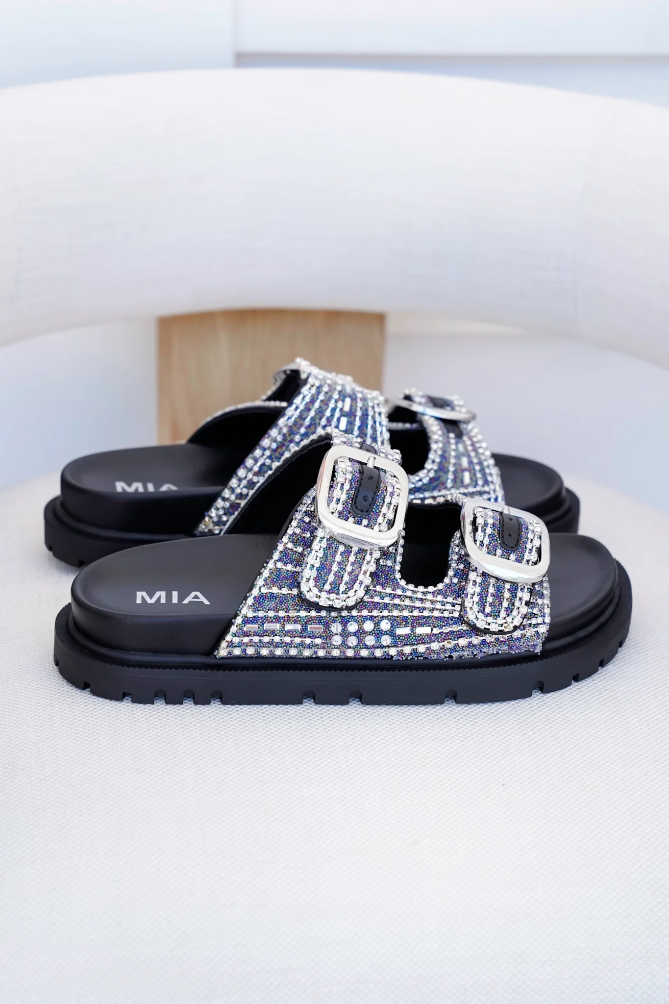 MIA Double Buckle Slide Sandals with Crystal Embellishments - Image 4