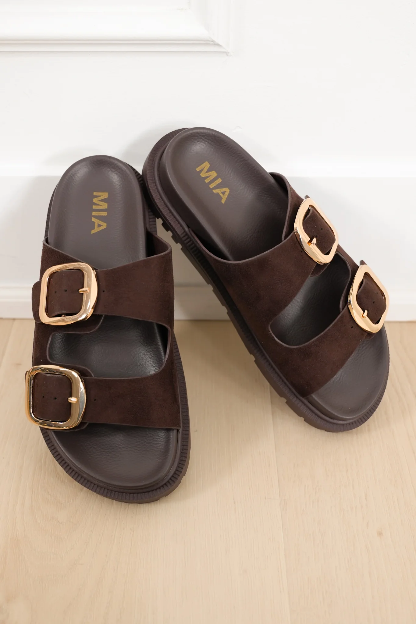 MIA Double Buckle Vegan Suede Platform Slide Sandal - Image 4