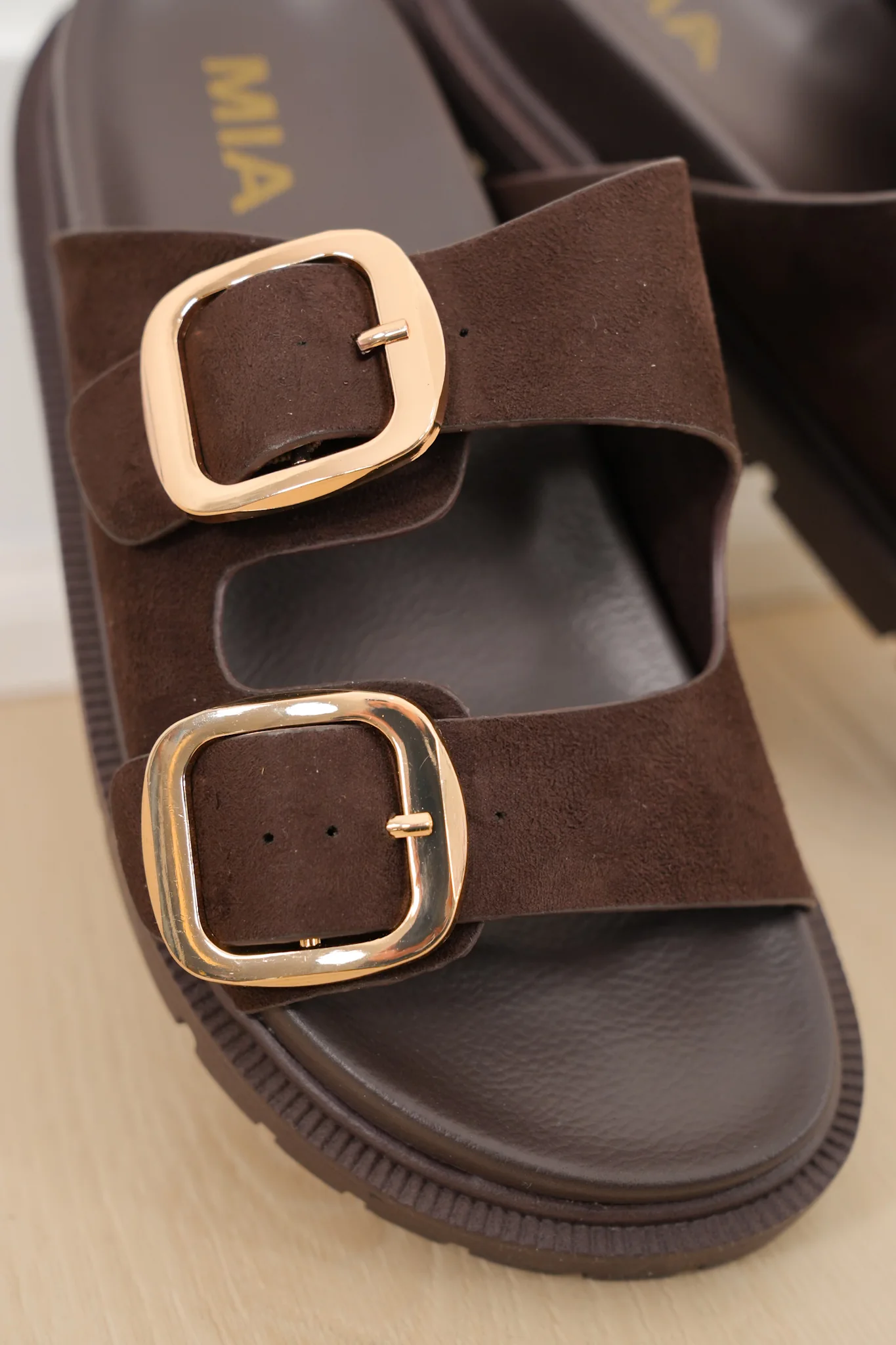MIA Double Buckle Vegan Suede Platform Slide Sandal - Image 5