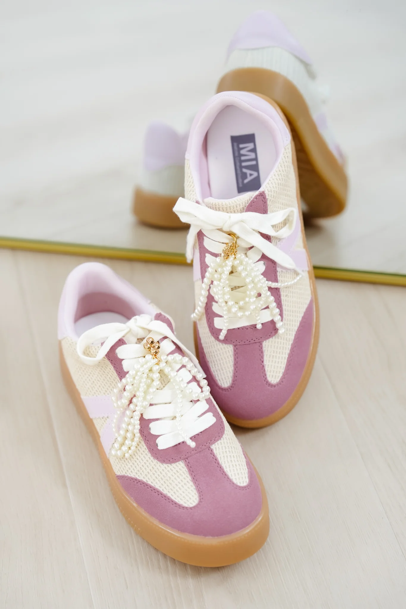 MIA Mesh Panel Fashion Sneaker with Decorative Pearl Accent