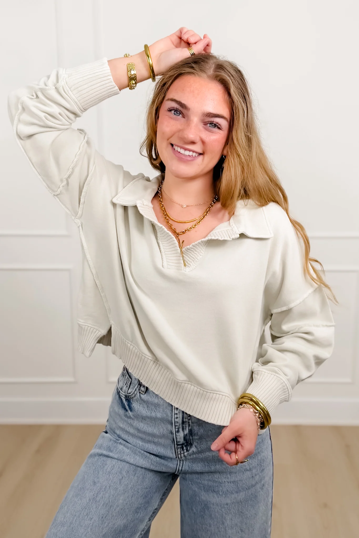 Mineral Wash Long Sleeve V Neck Sweatshirt - Image 2