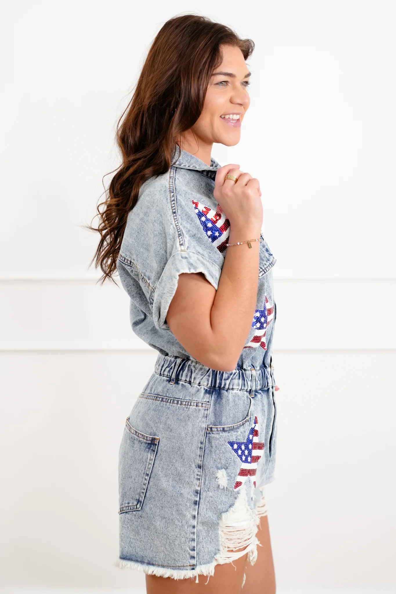 Mineral Wash Short Sleeve Romper with Sequin Star Detail - Image 5