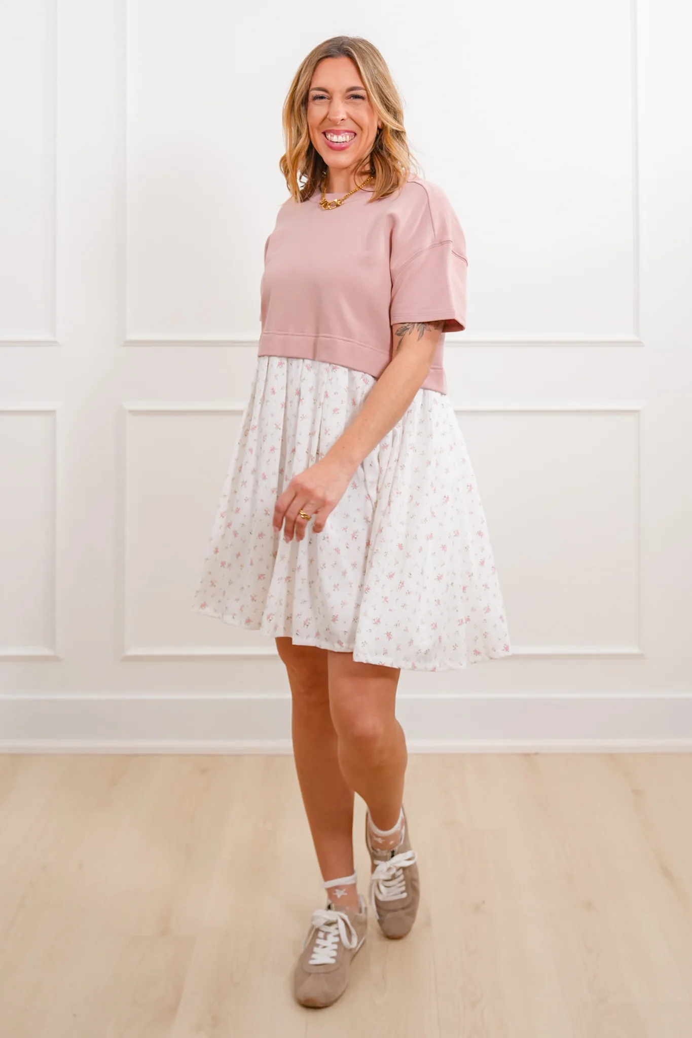 Short Sleeve Mixed Media Knit Floral Mini Dress - Image 3